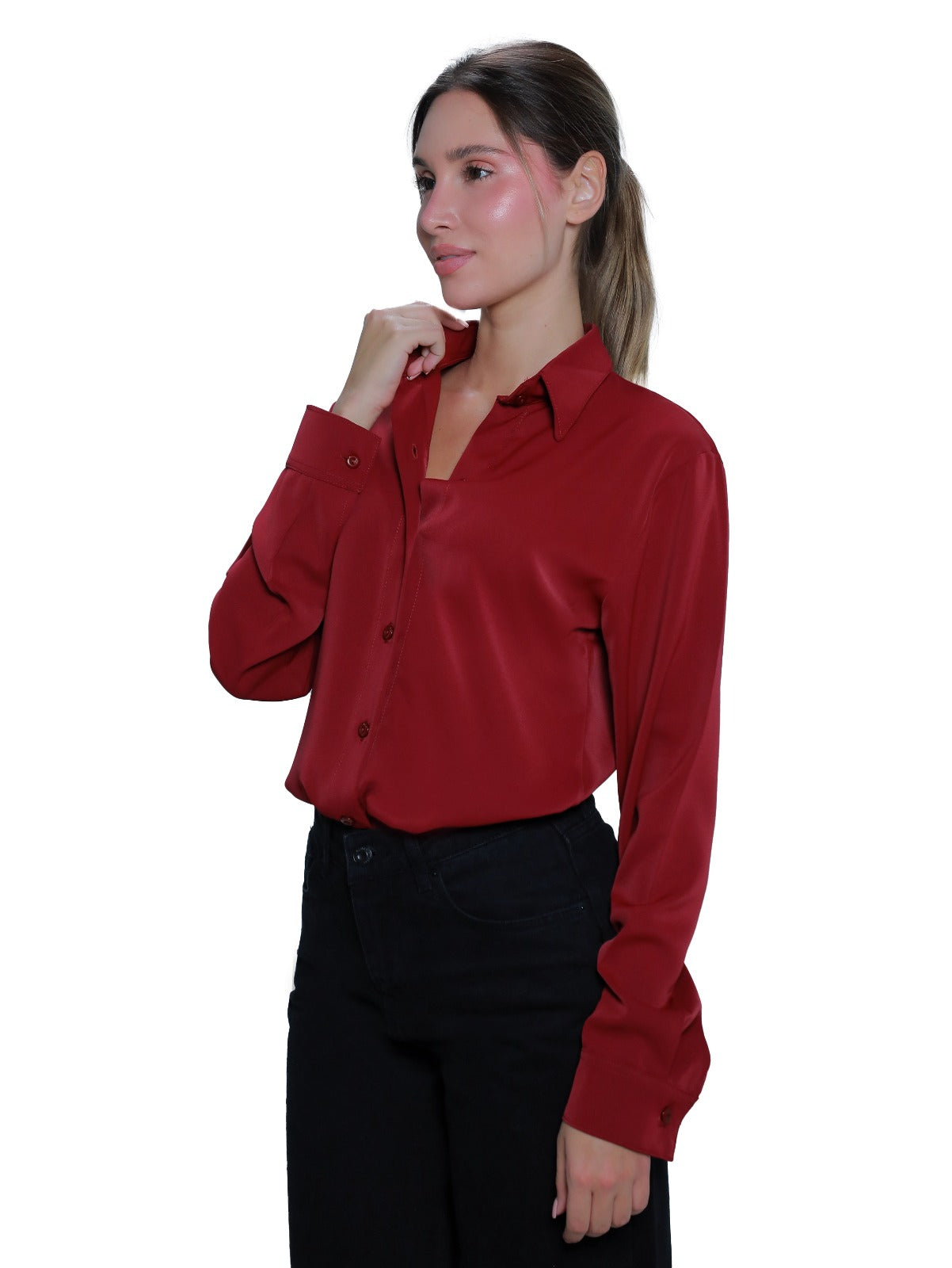 Long Sleeve Wine Shirt With Button To Close