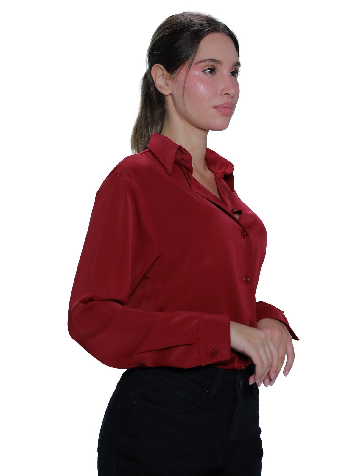 Long Sleeve Wine Shirt With Button To Close