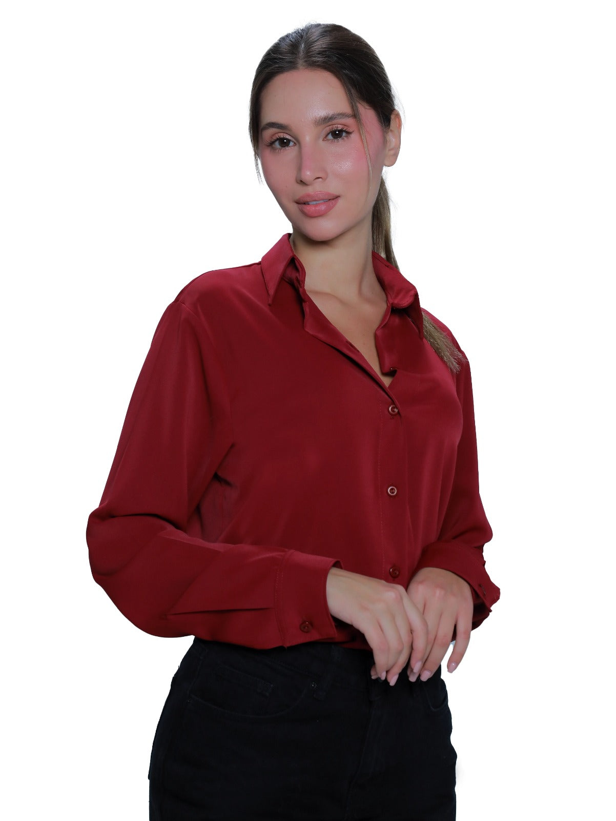 Long Sleeve Wine Shirt With Button To Close
