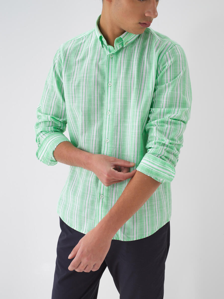 Xint Long Sleeves Striped Cotton Green Shirt
