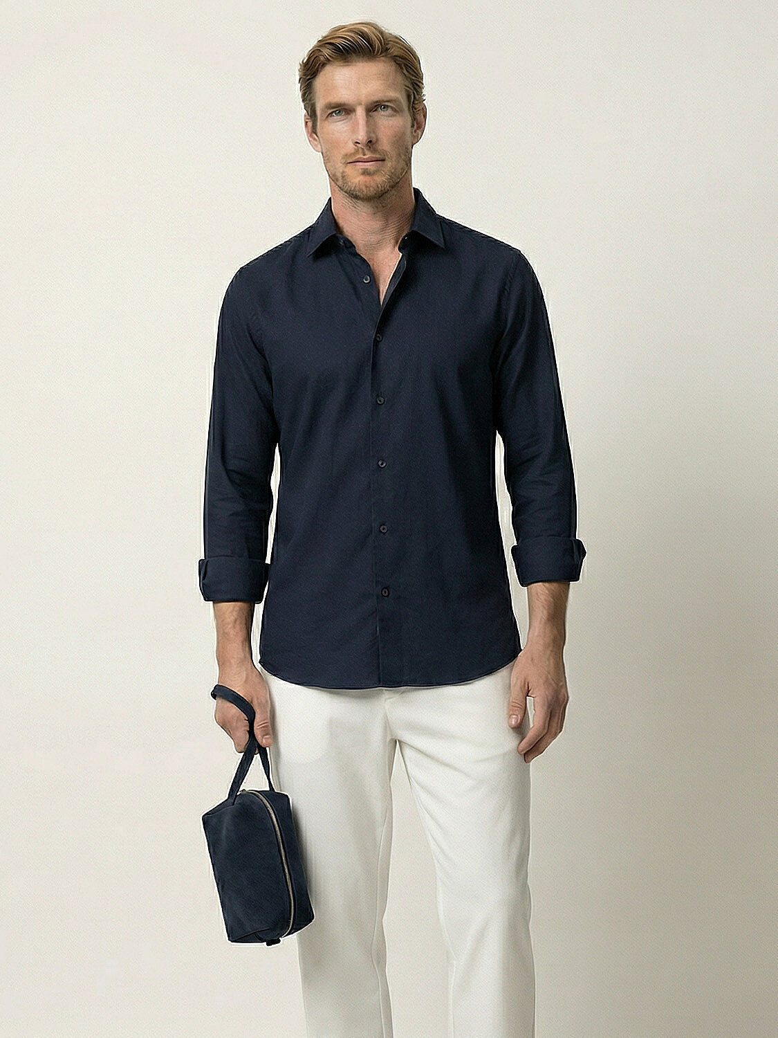 Xint Navy Cotton Texture Slim Fit Shirt