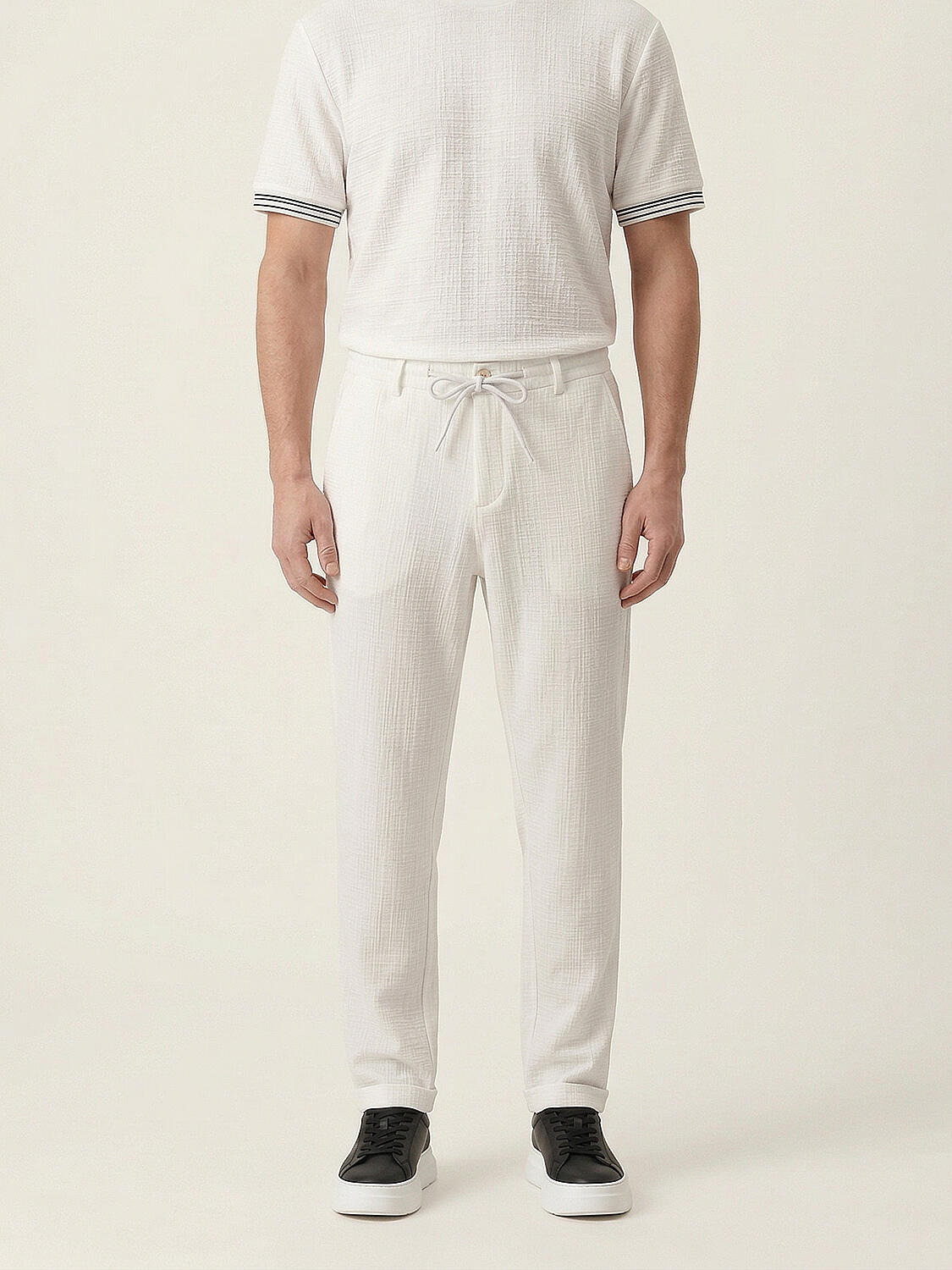 Xint White Cotton Textured Regular Fit Pants