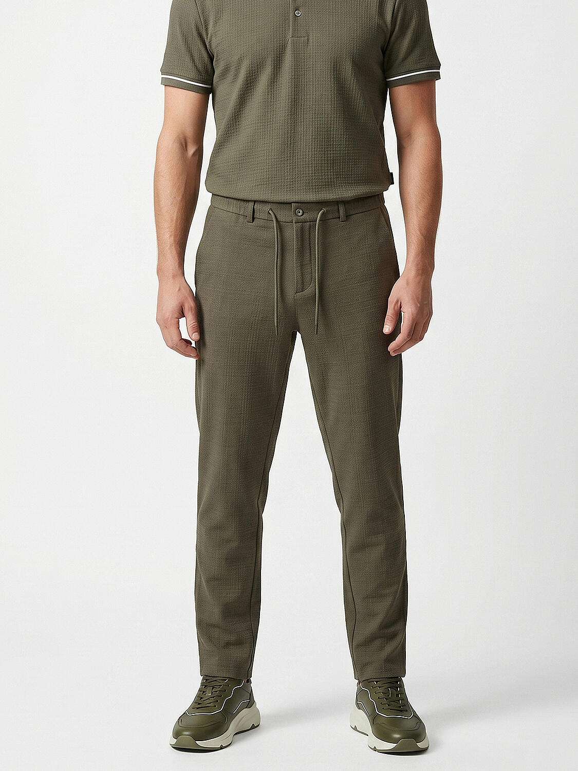 Xint Khaki Cotton Textured Regular Fit Pants