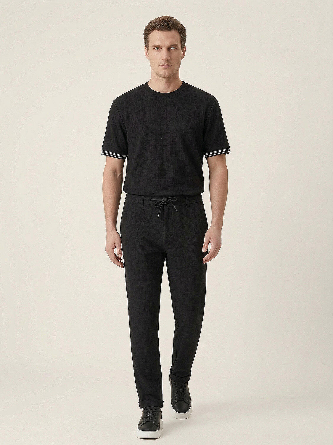 Xint Black Cotton Textured Regular Fit Pants