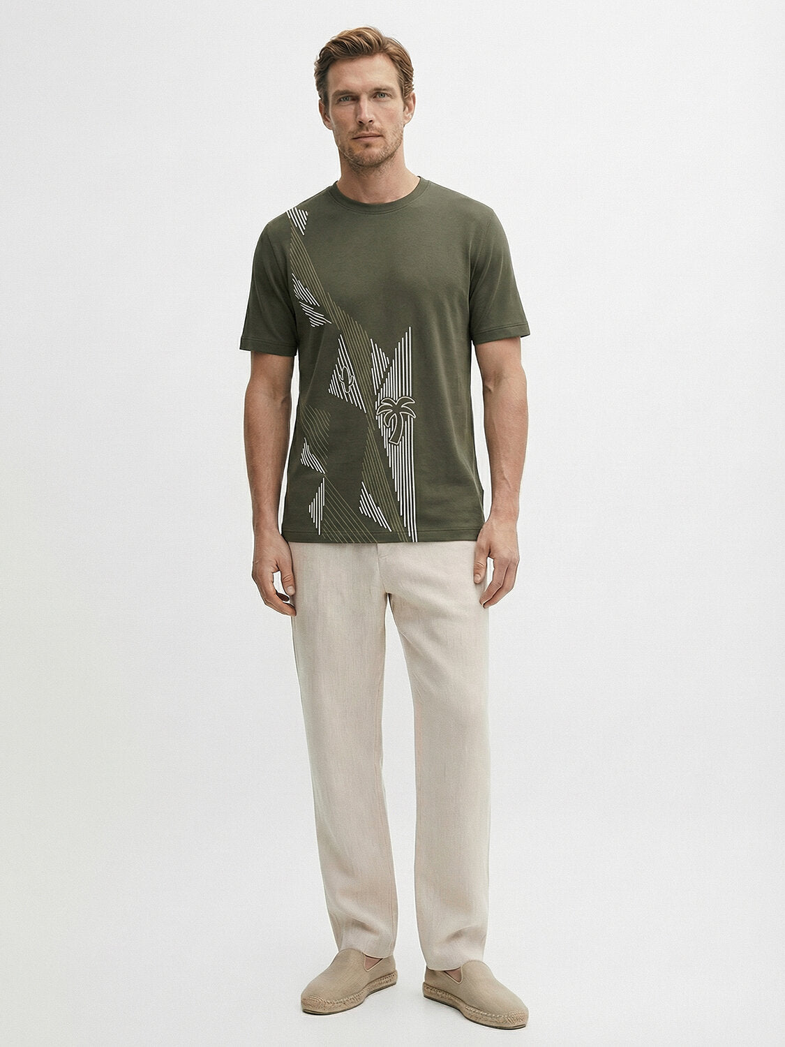 Xint Olive Cotton Textured Printed Design T-Shirt
