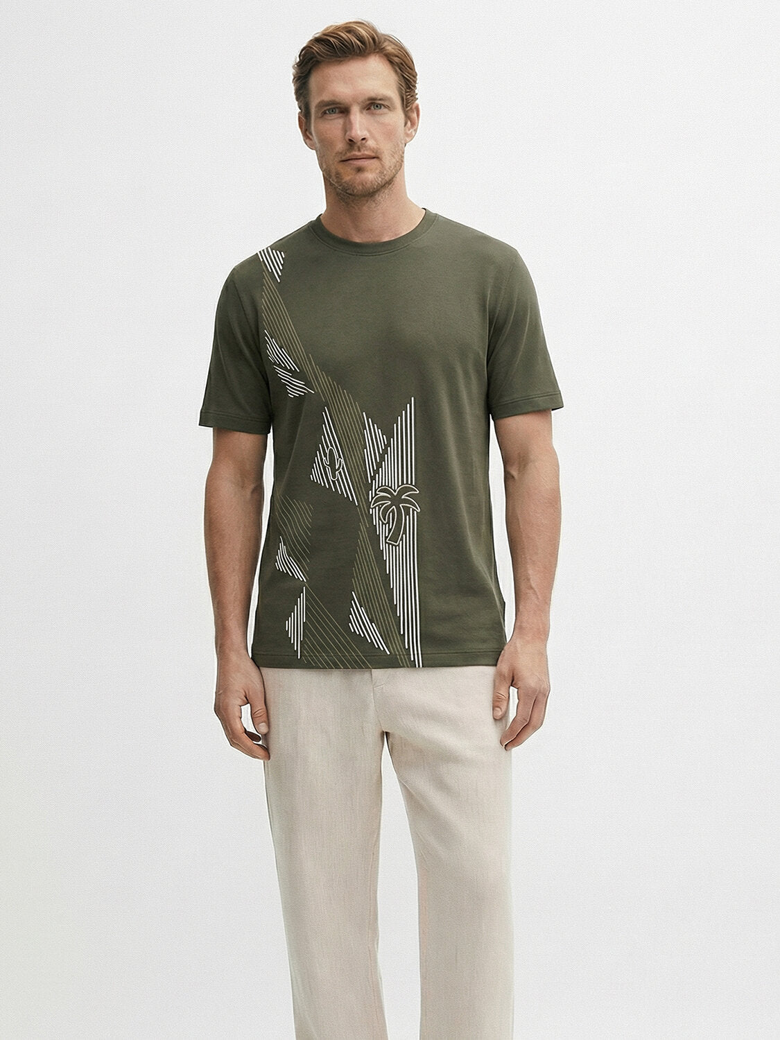 Xint Olive Cotton Textured Printed Design T-Shirt