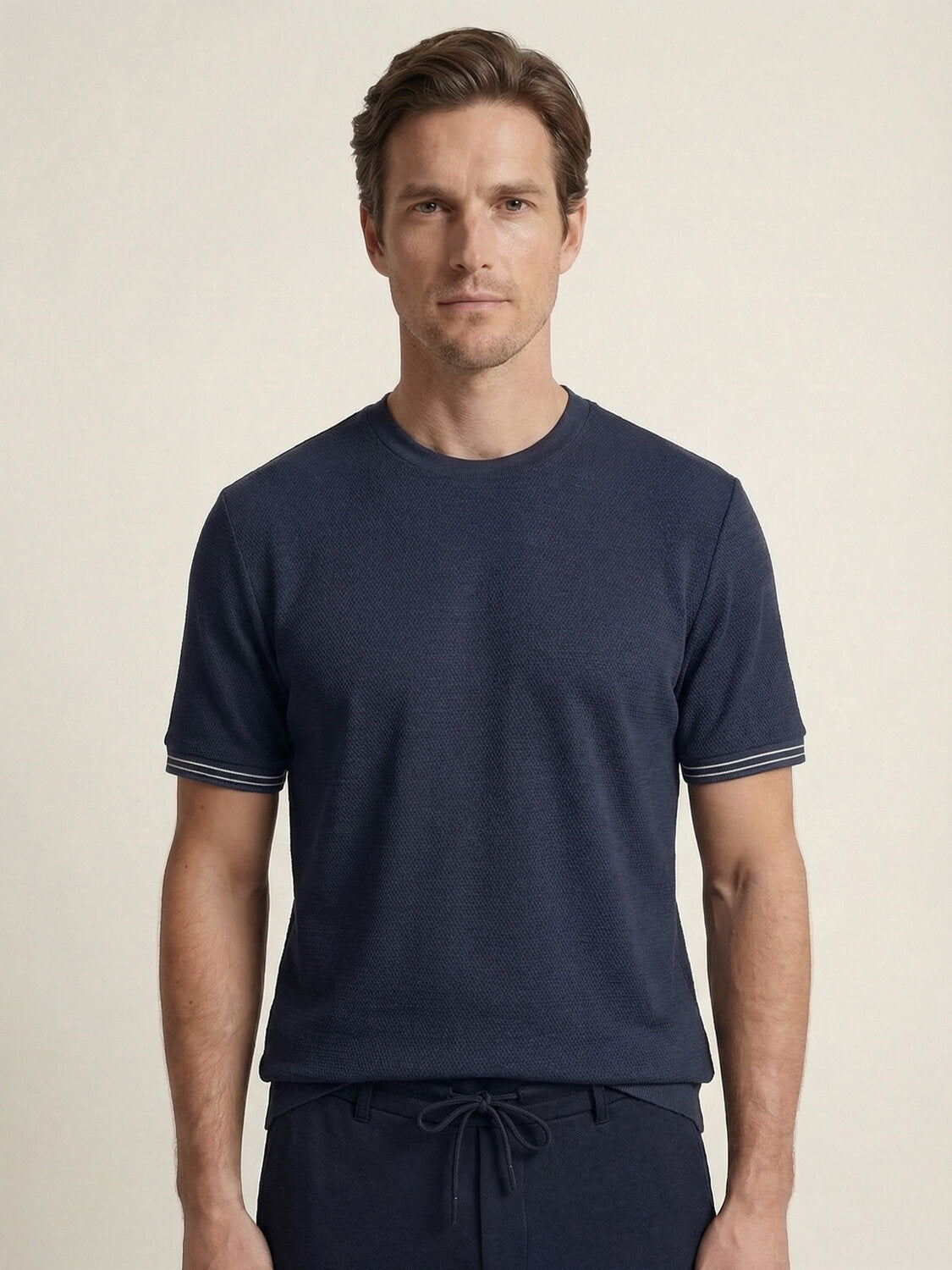 Xint Navy Cotton Textured Short Sleeved T-Shirt