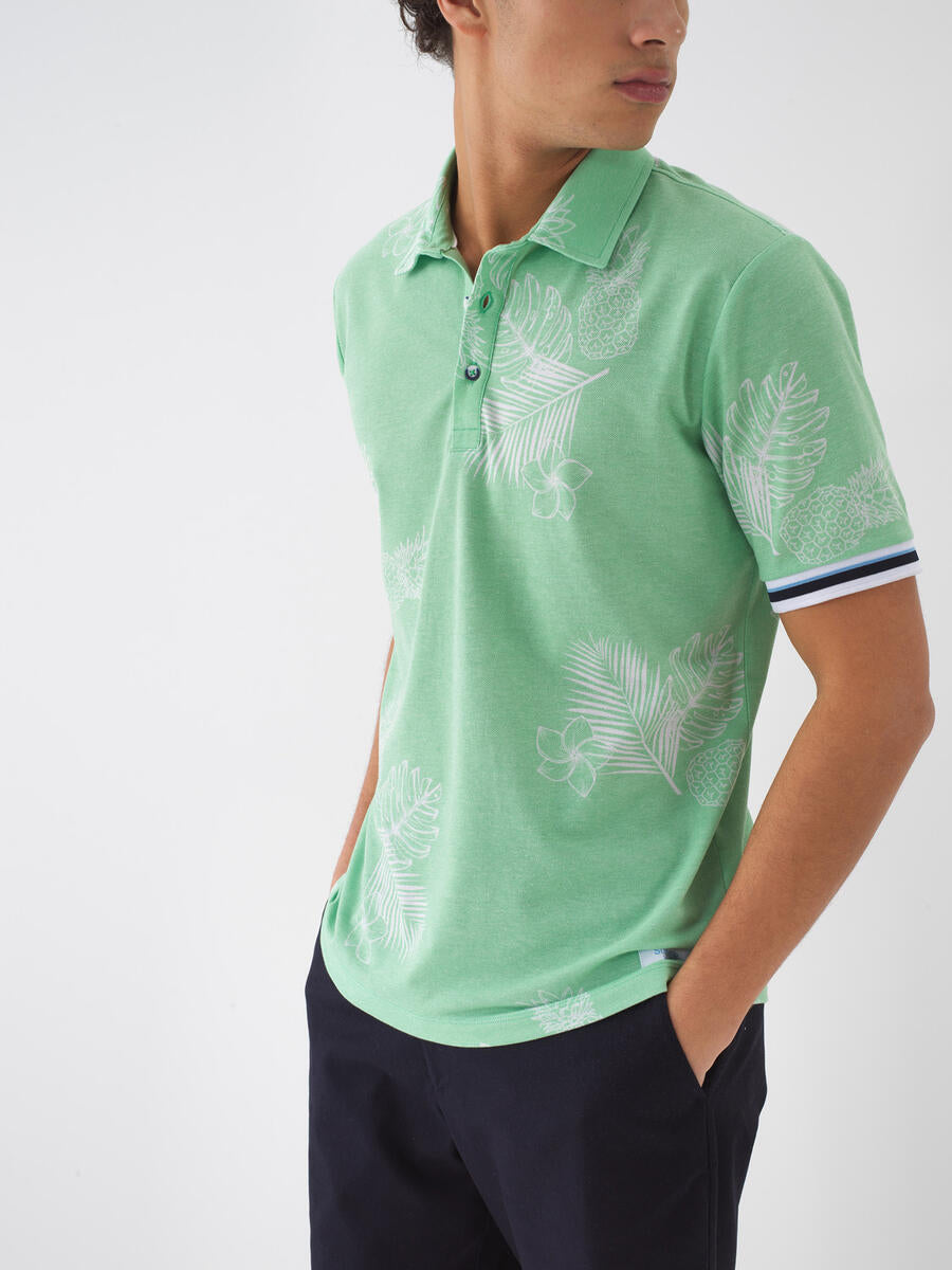 Xint Polo Neck Cotton Regular Fit Patterned Green T-Shirt