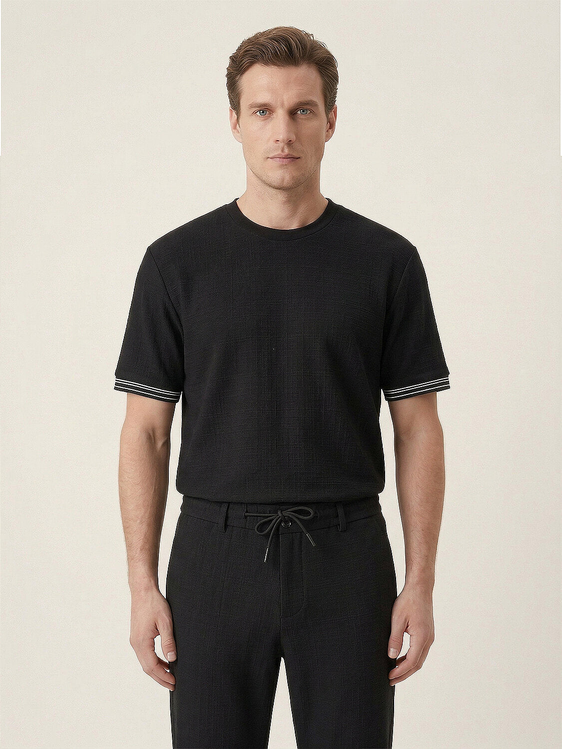 Xint Black Cotton Textured Short Sleeved T-Shirt