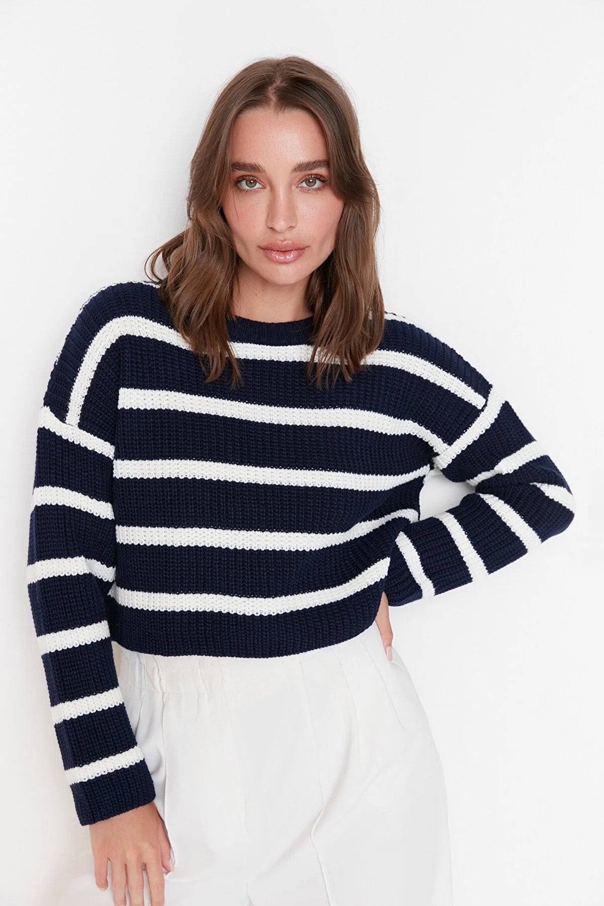 Trendyol Stripped Crop Designed Navy Sweater