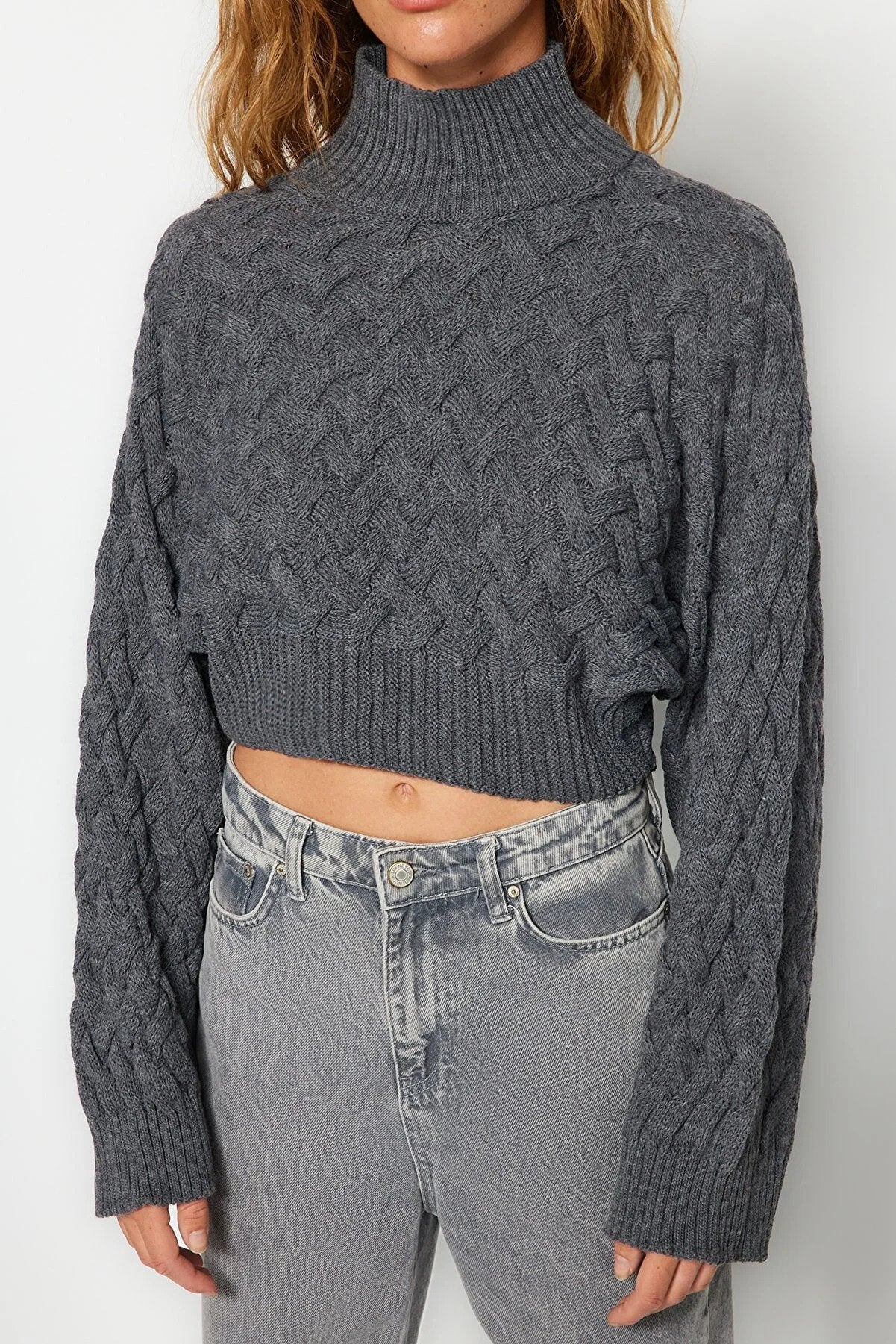 Trendyol Cable Knitted Antrasite Stylish Sweater