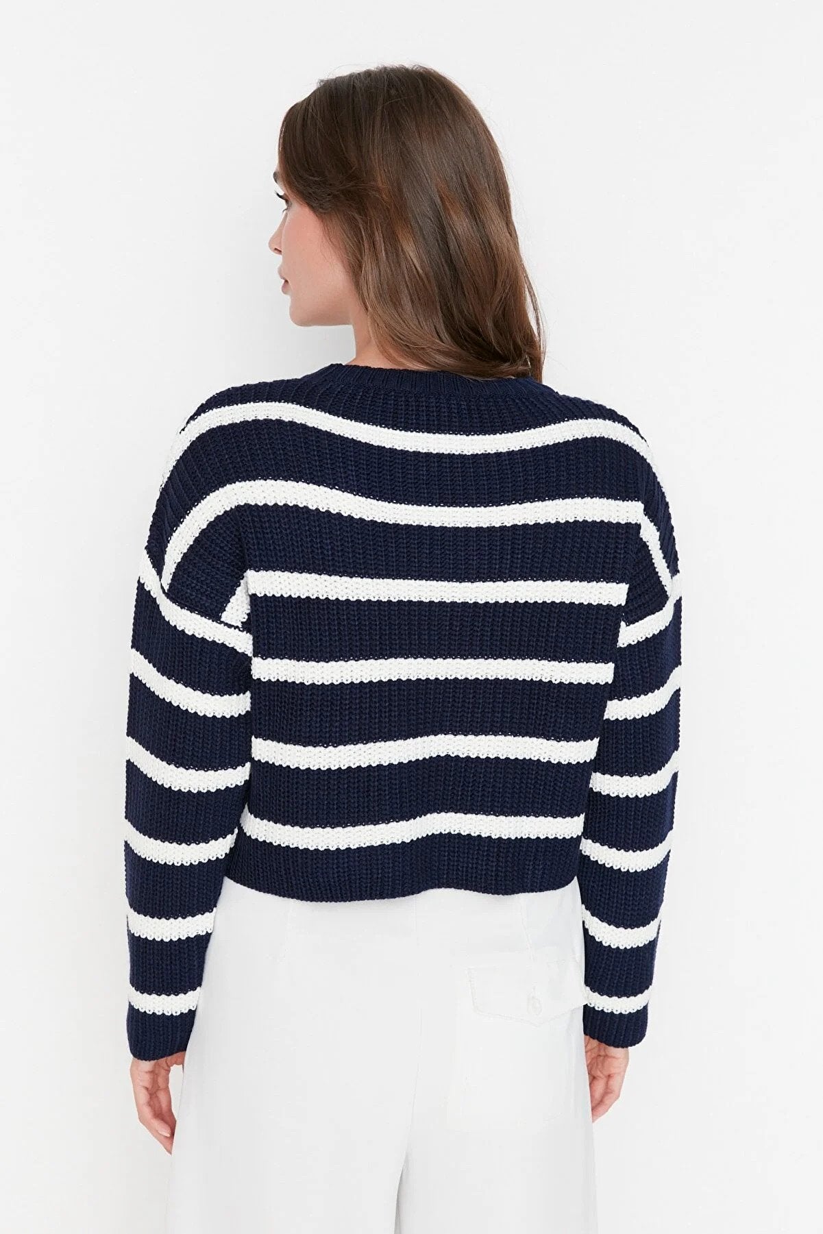 Trendyol Stripped Crop Designed Navy Sweater