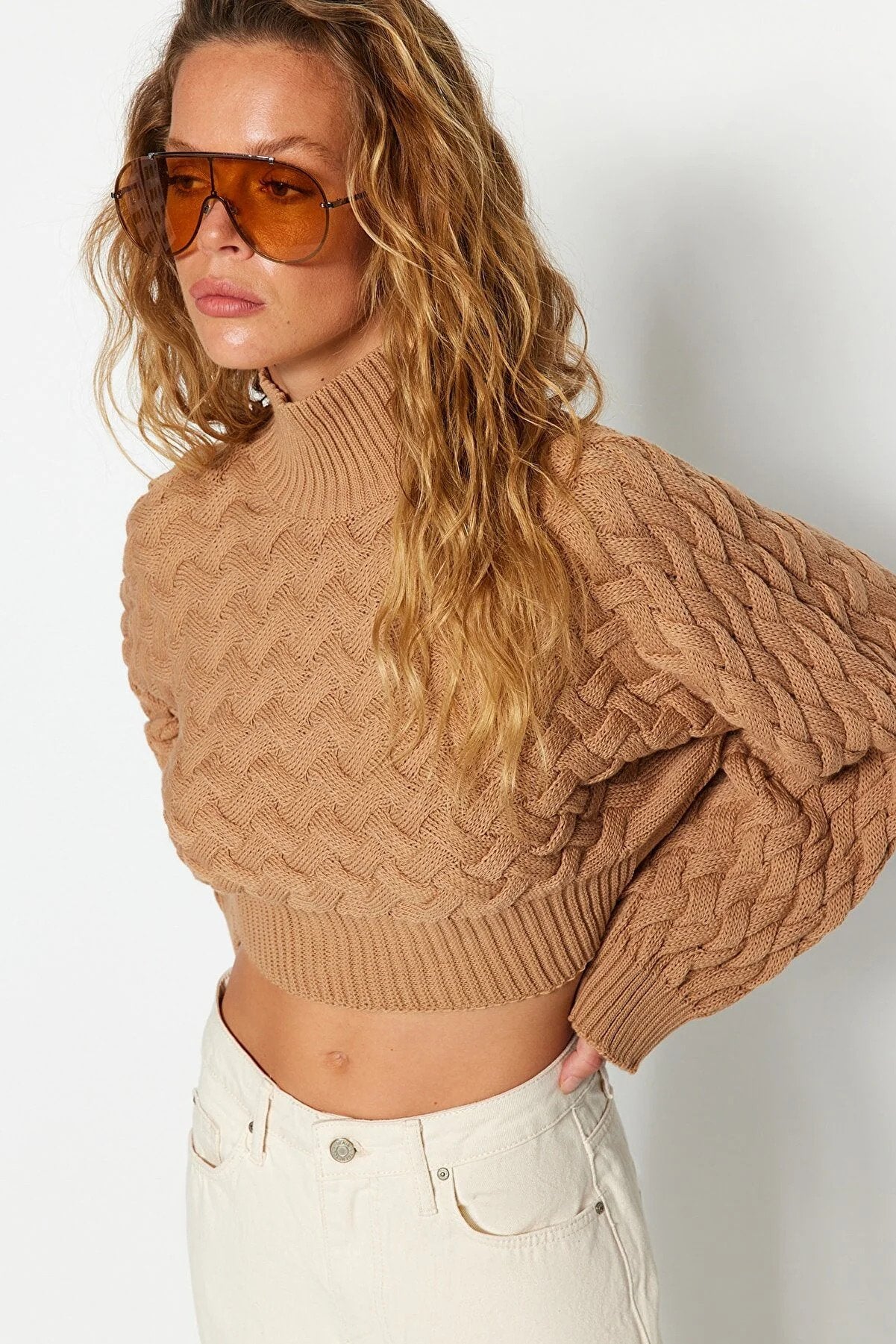 Trendyol Cable Knitted Camel Stylish Sweater