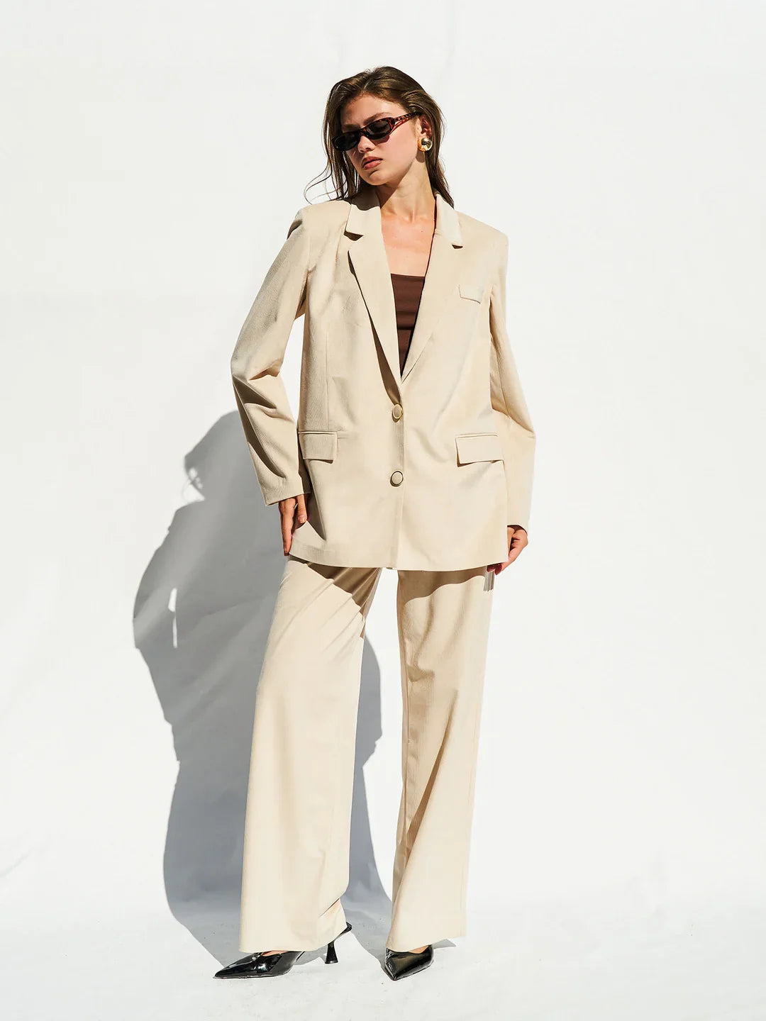 Lefon Padded Beige Blazer With Metal Button