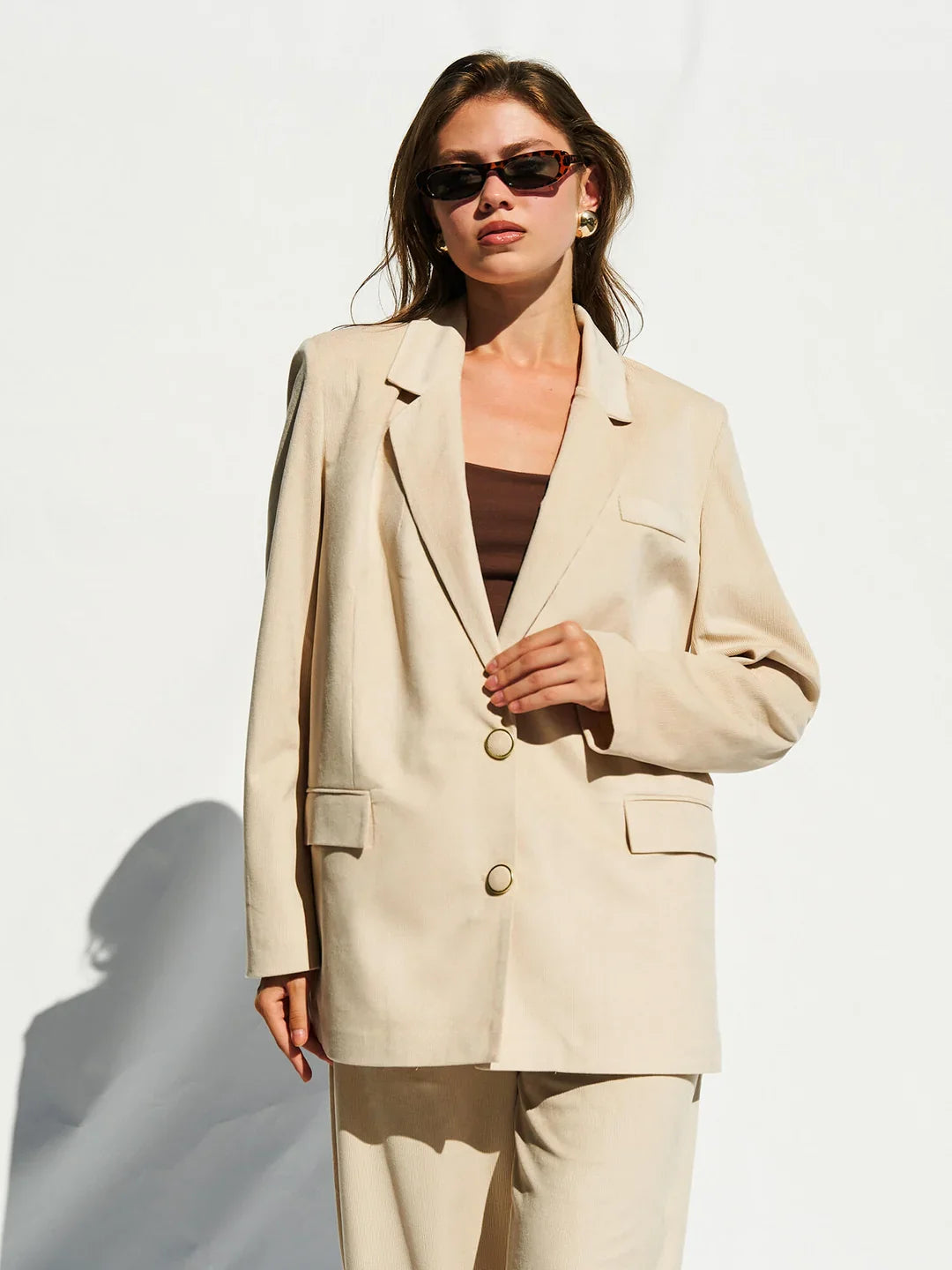Lefon Padded Beige Blazer With Metal Button