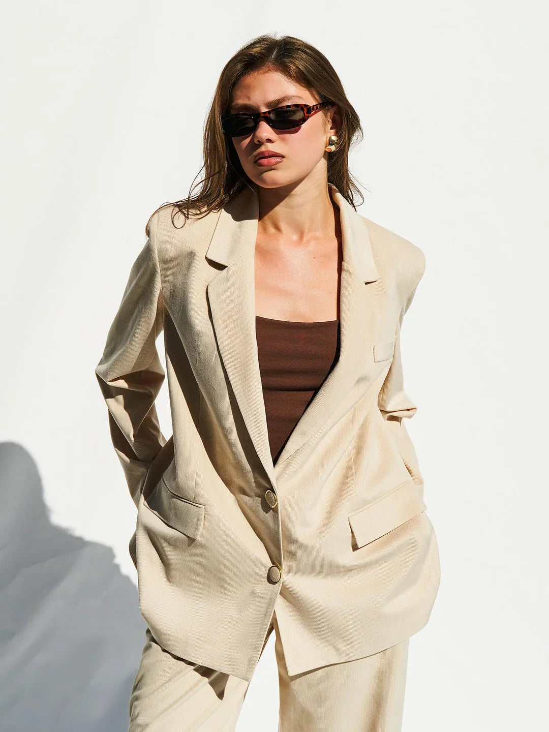 Lefon Padded Beige Blazer With Metal Button