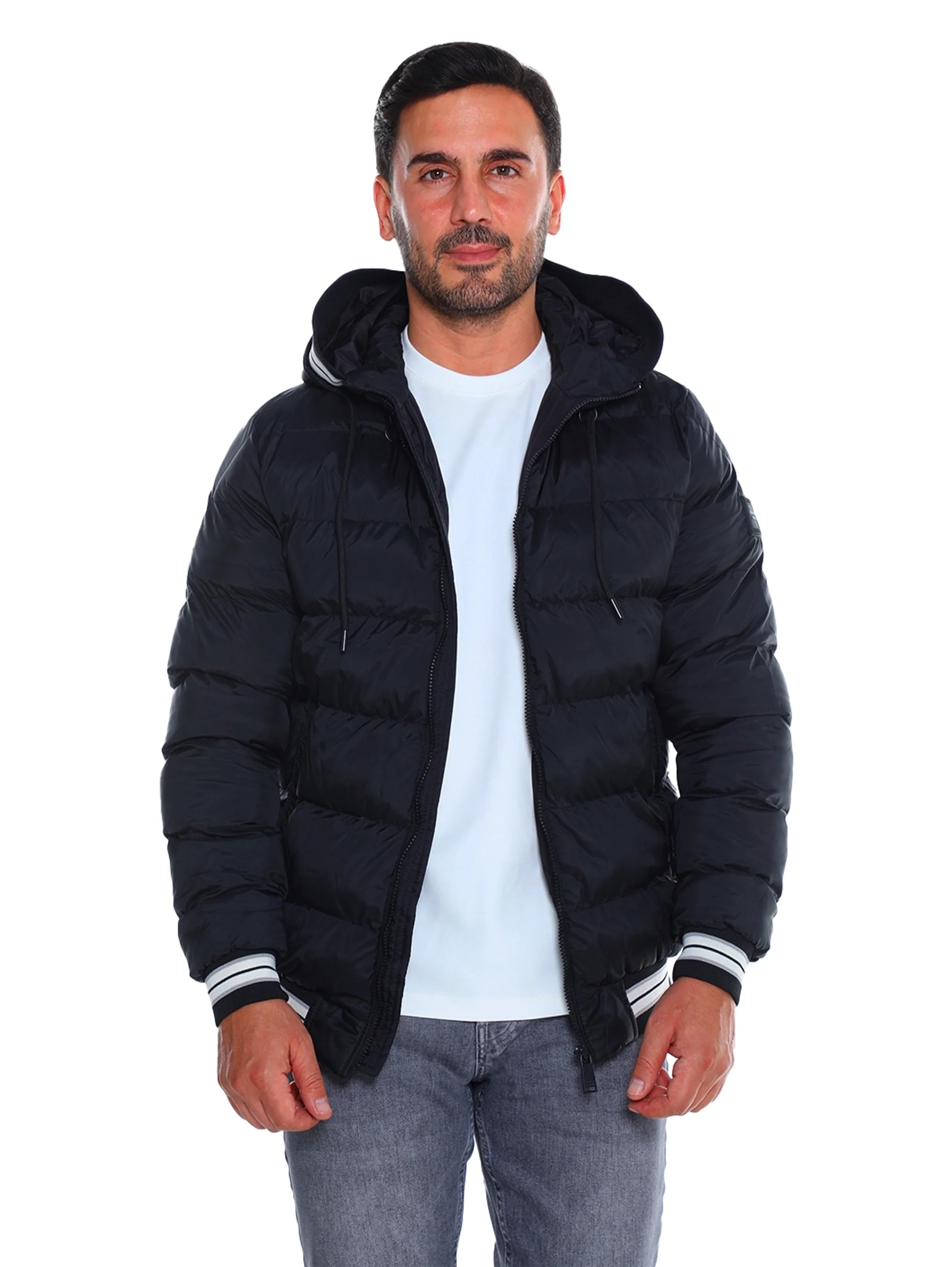 Black Padded Puffer Jacket With Front Zip Closure
