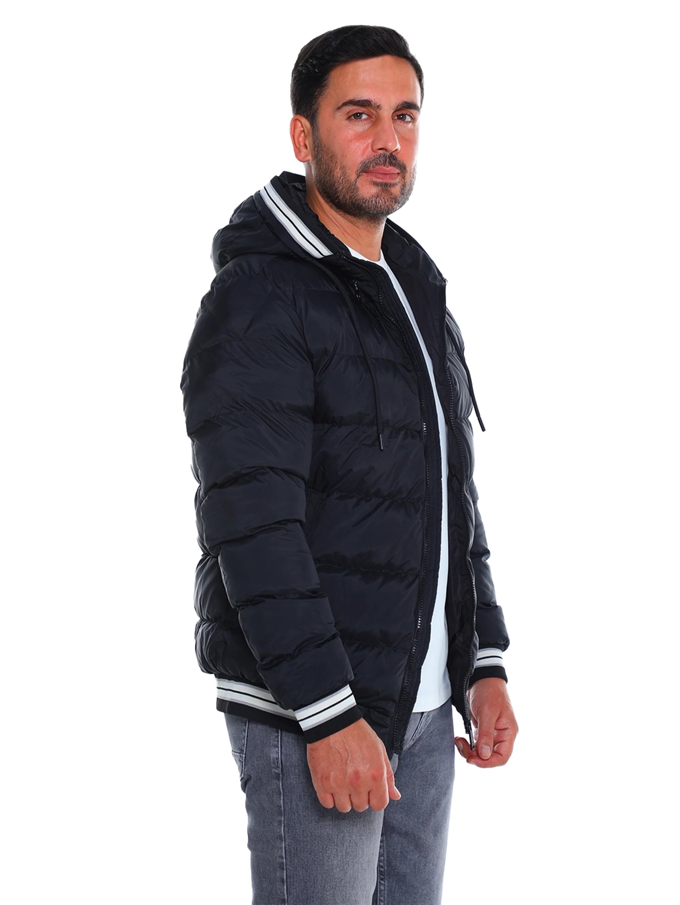 Black Padded Puffer Jacket With Front Zip Closure