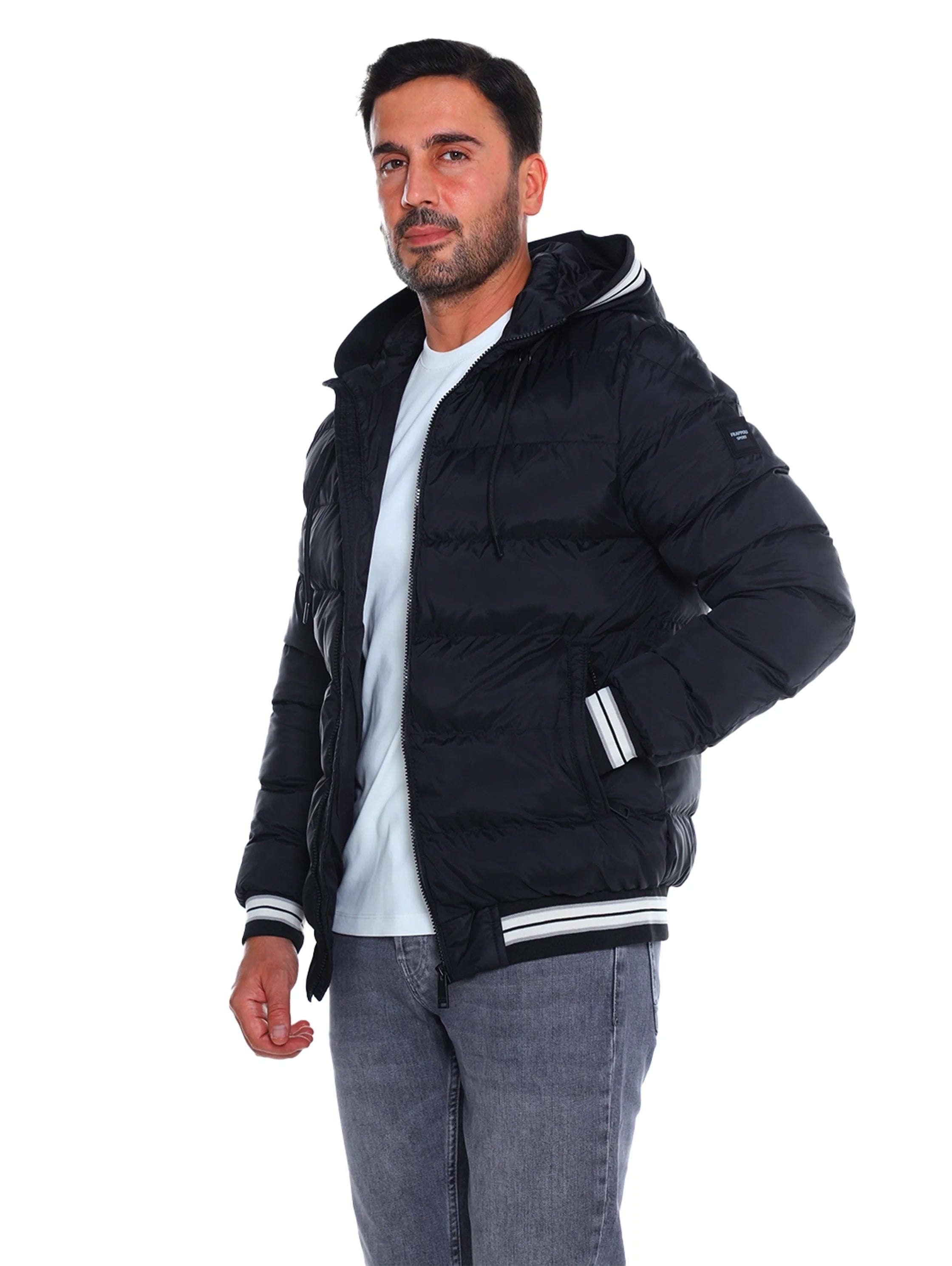 Black Padded Puffer Jacket With Front Zip Closure