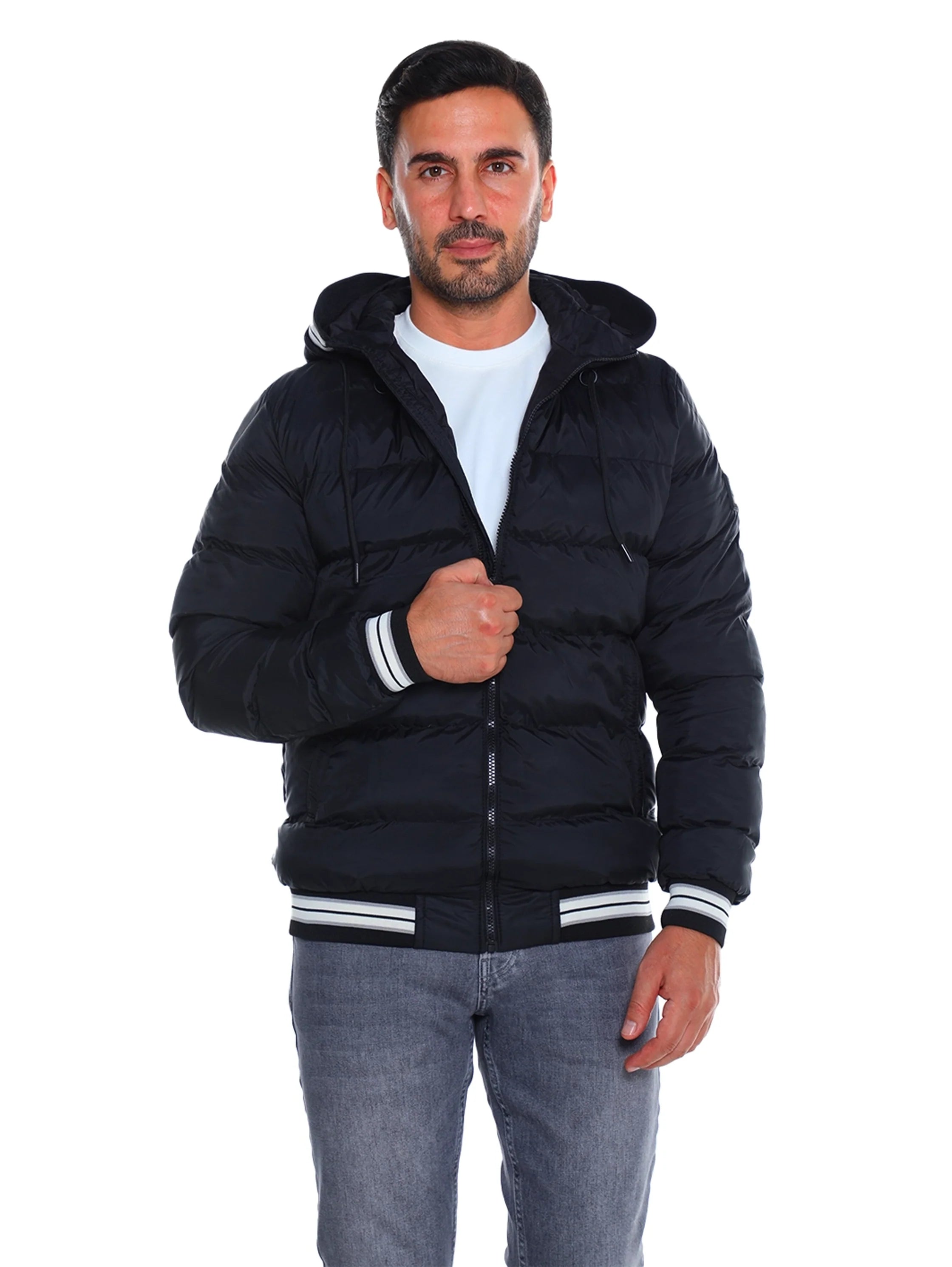 Black Padded Puffer Jacket With Front Zip Closure
