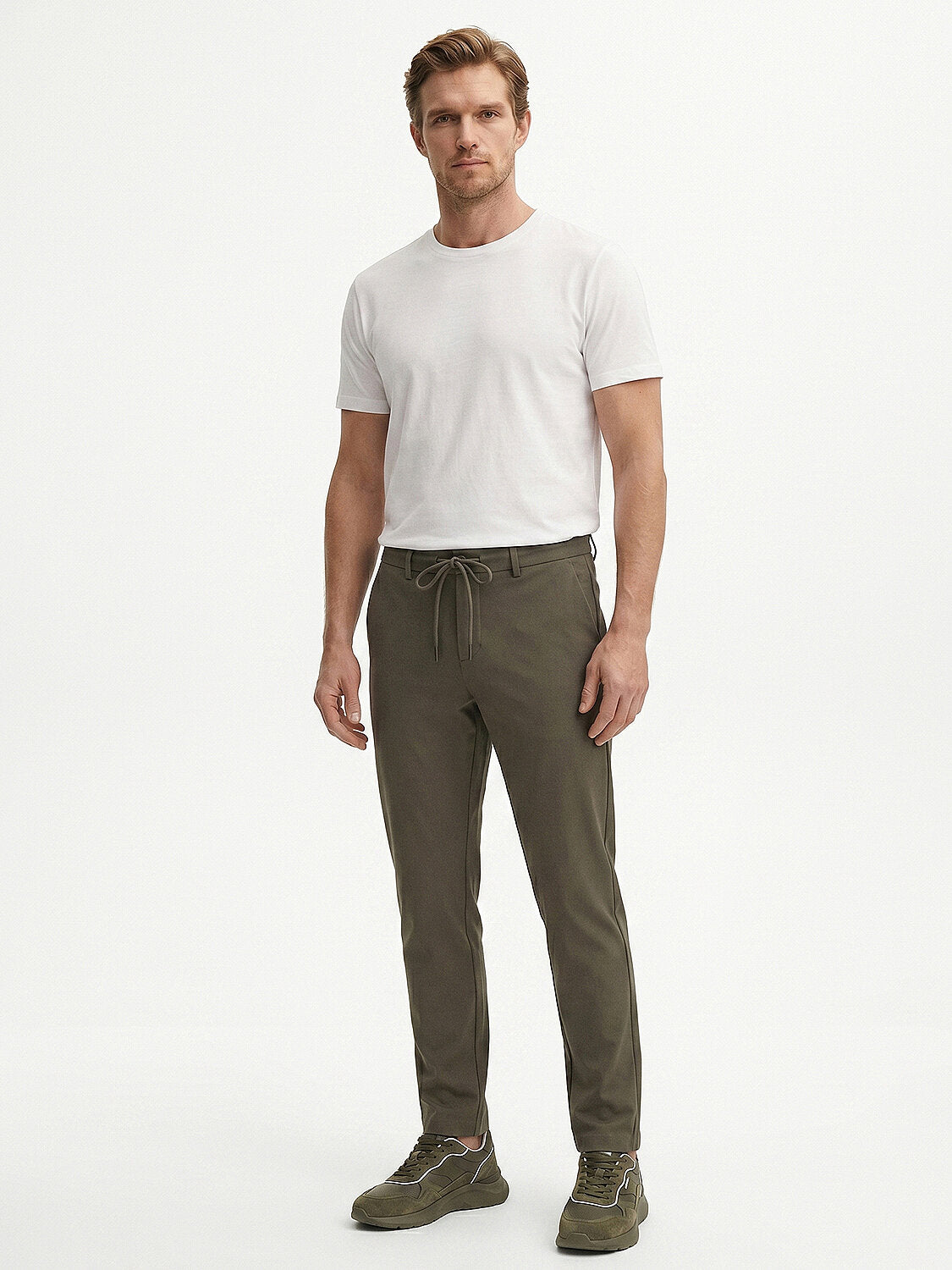 Xint Olive Cotton Textured Slim Fit Pant