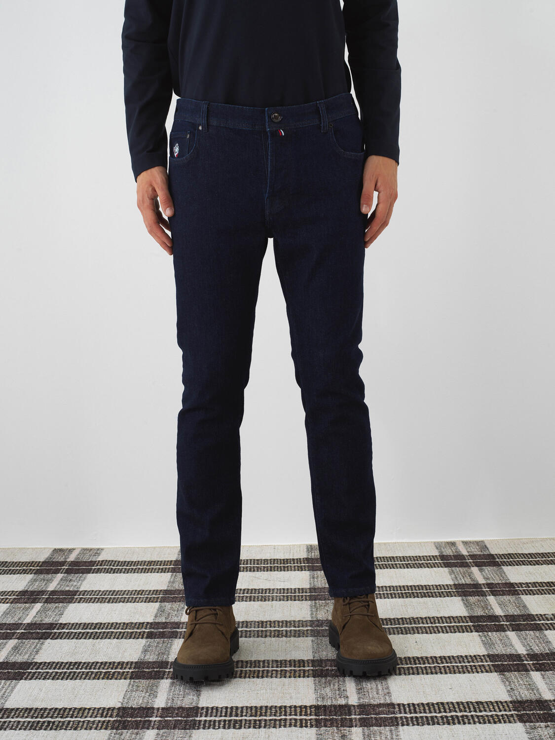 Xint Navy Cotton Textured Slim Fit Denim Trousers
