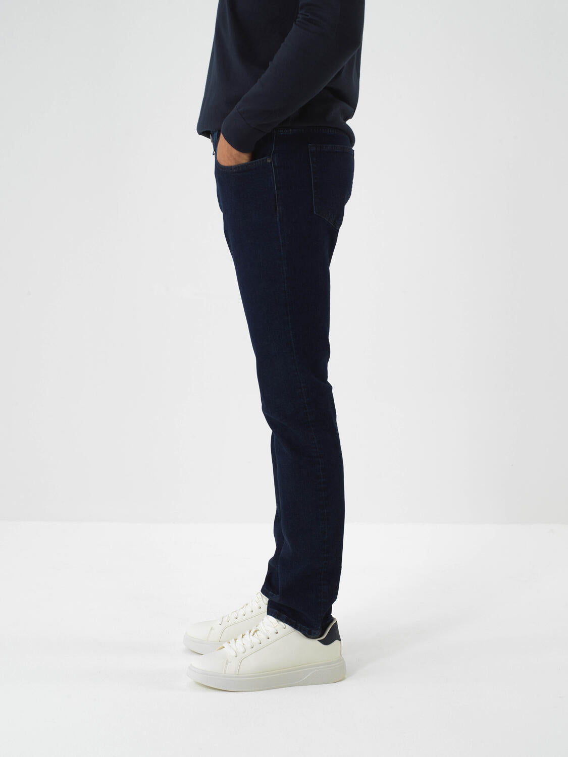 Xint Navy Cotton Textured Slim Fit Denim Trousers