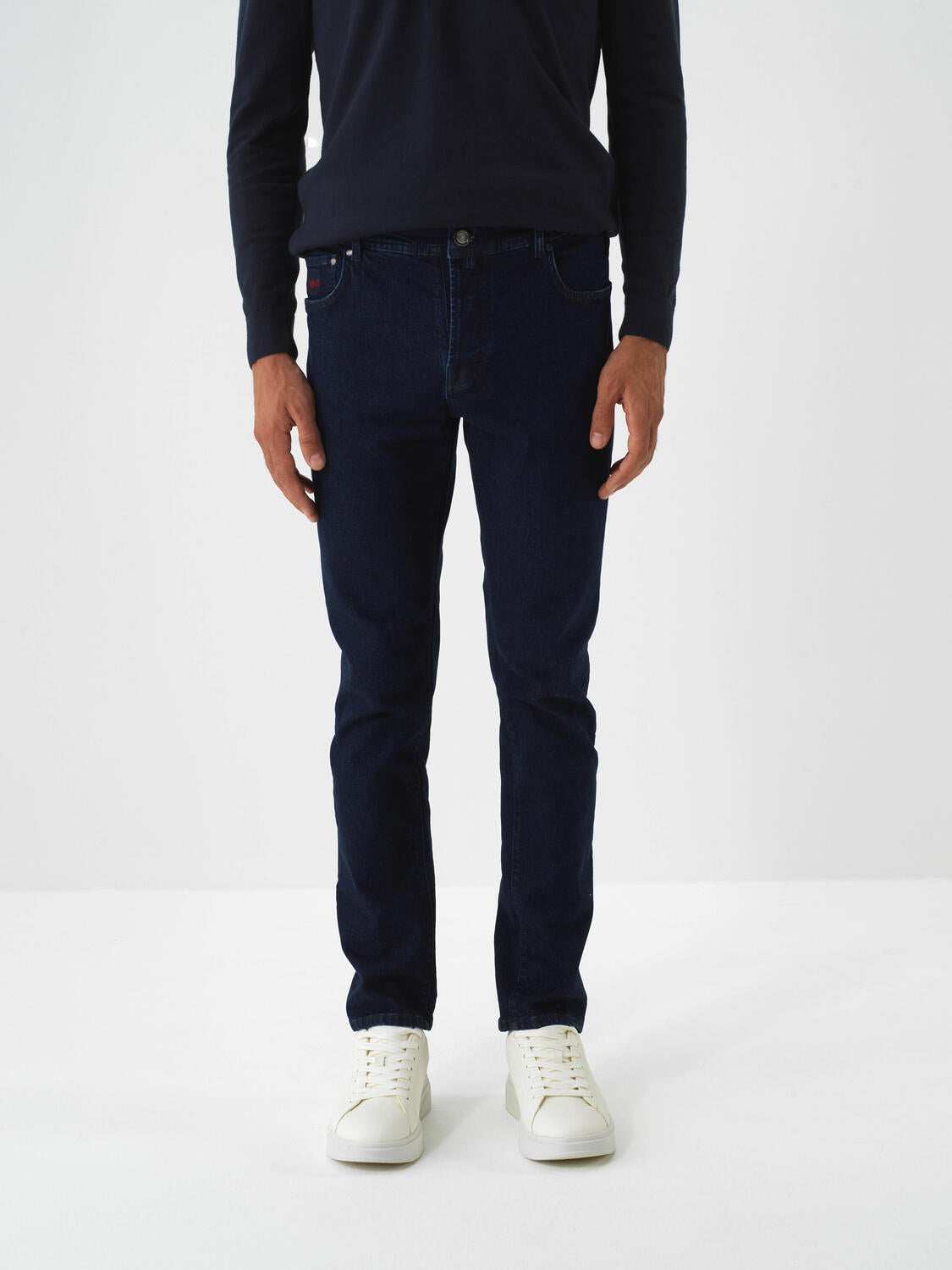 Xint Navy Cotton Textured Slim Fit Denim Trousers