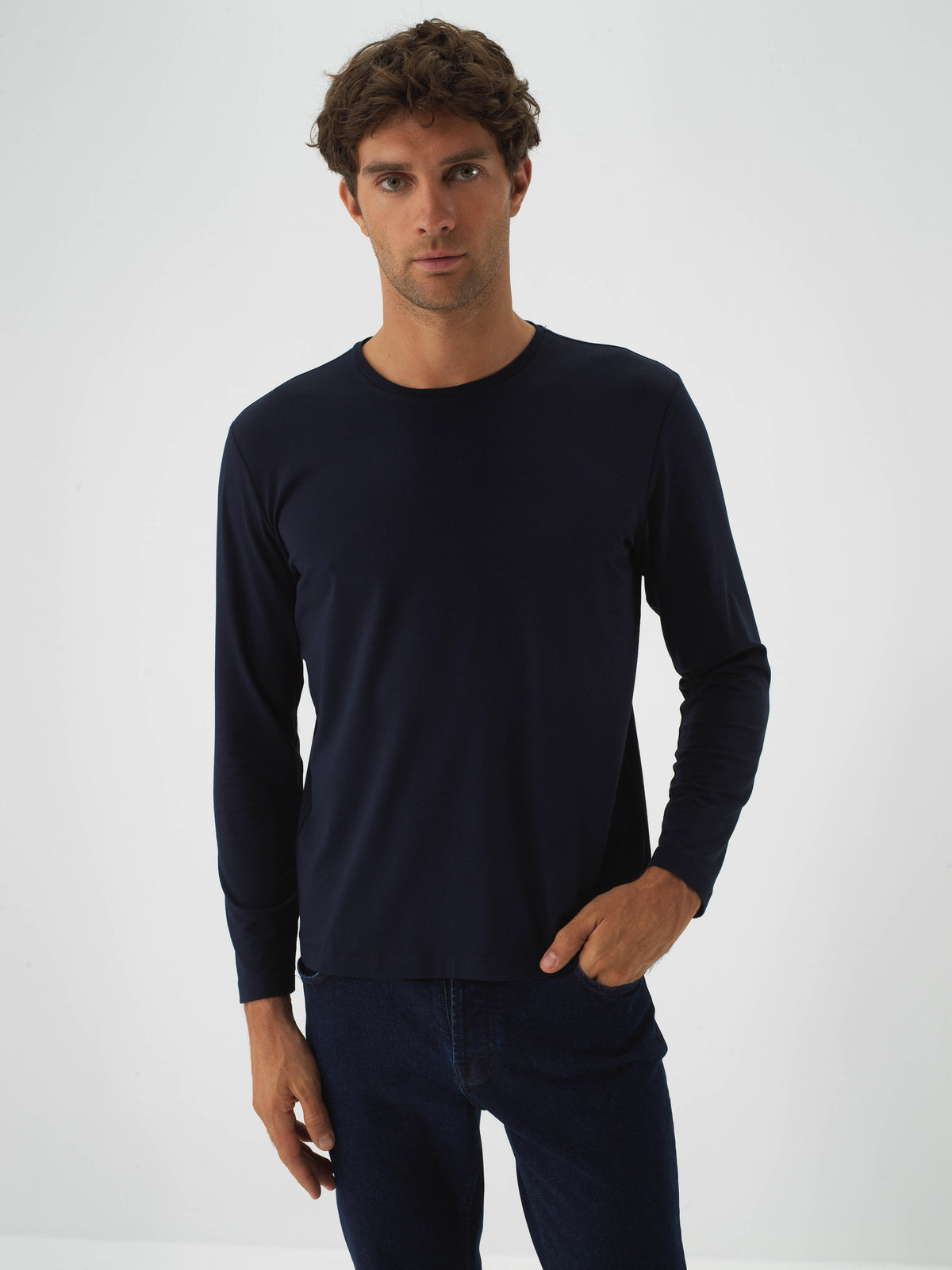 Xint Navy Textured Slim Fit Long Sleeve T-Shirt