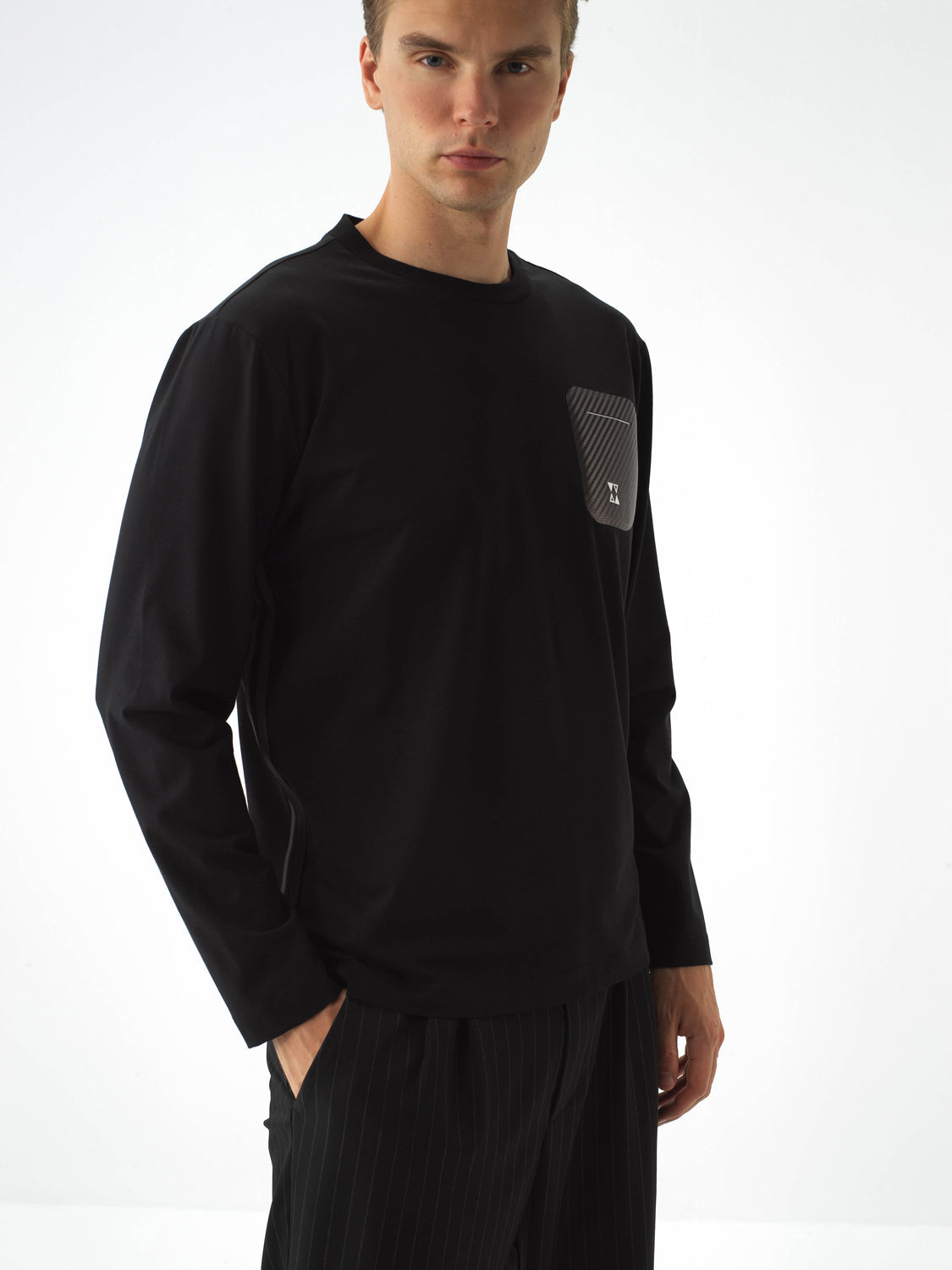 Xint Black Cotton Textured Regular Fit Long Sleeve T-shirt