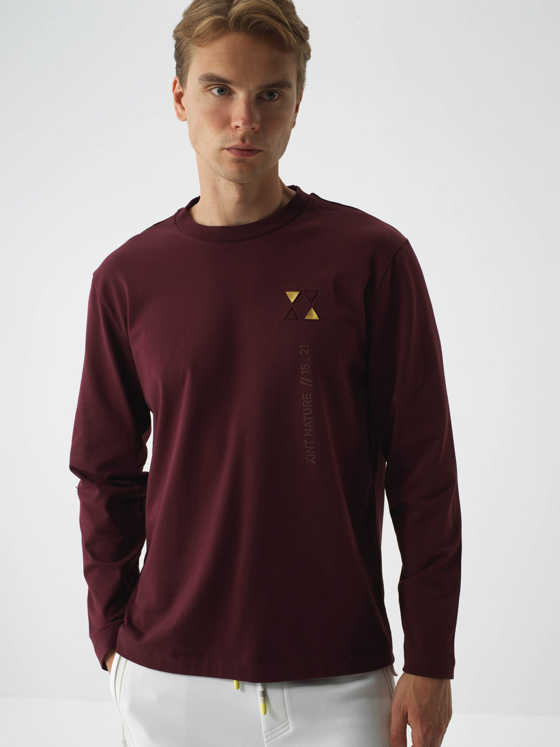 Xint Burgundy Cotton Textured Regular Fit Long Sleeve T-shirt