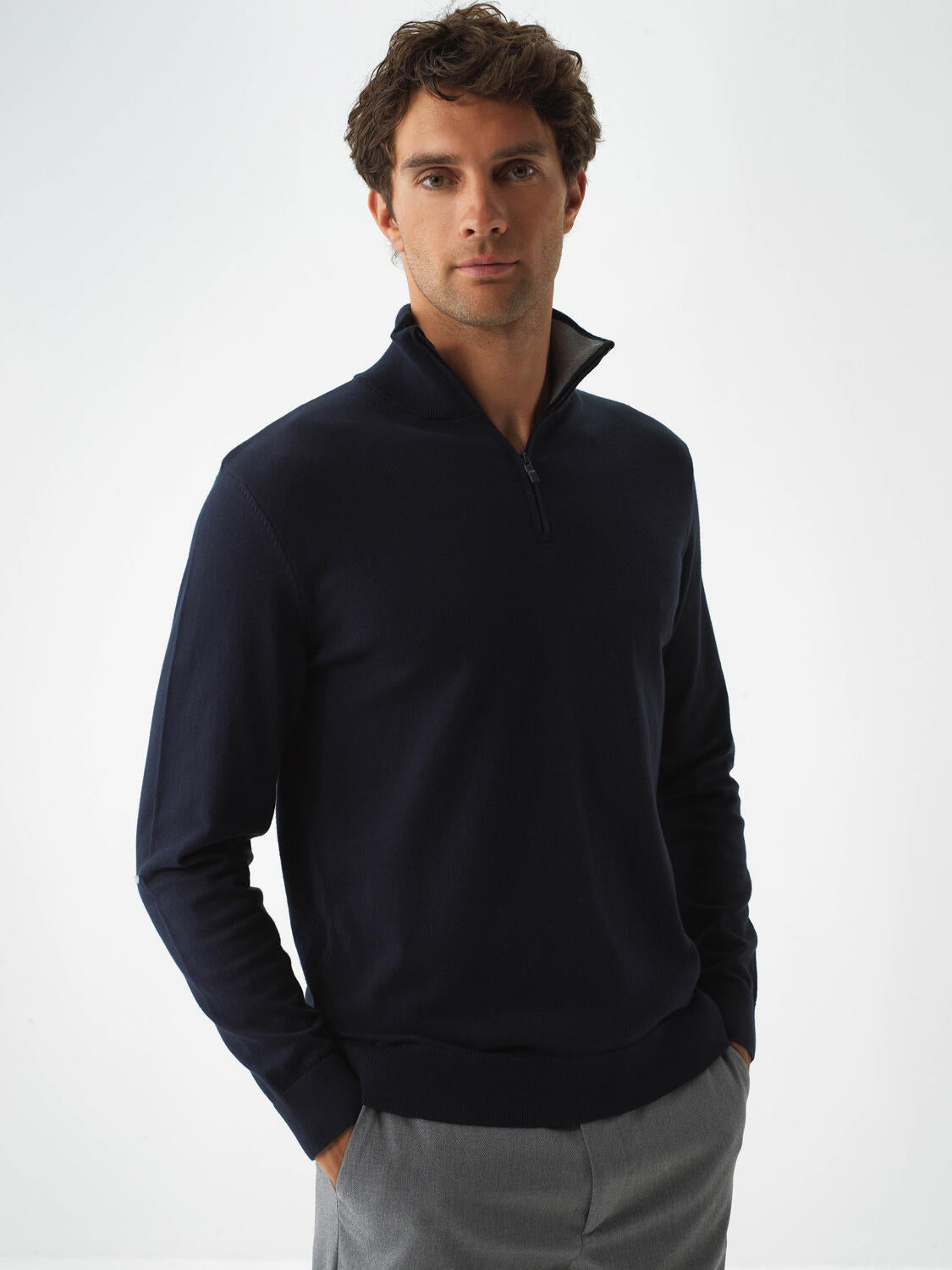 Xint Navy Cotton Textured Regular Fit Sweater