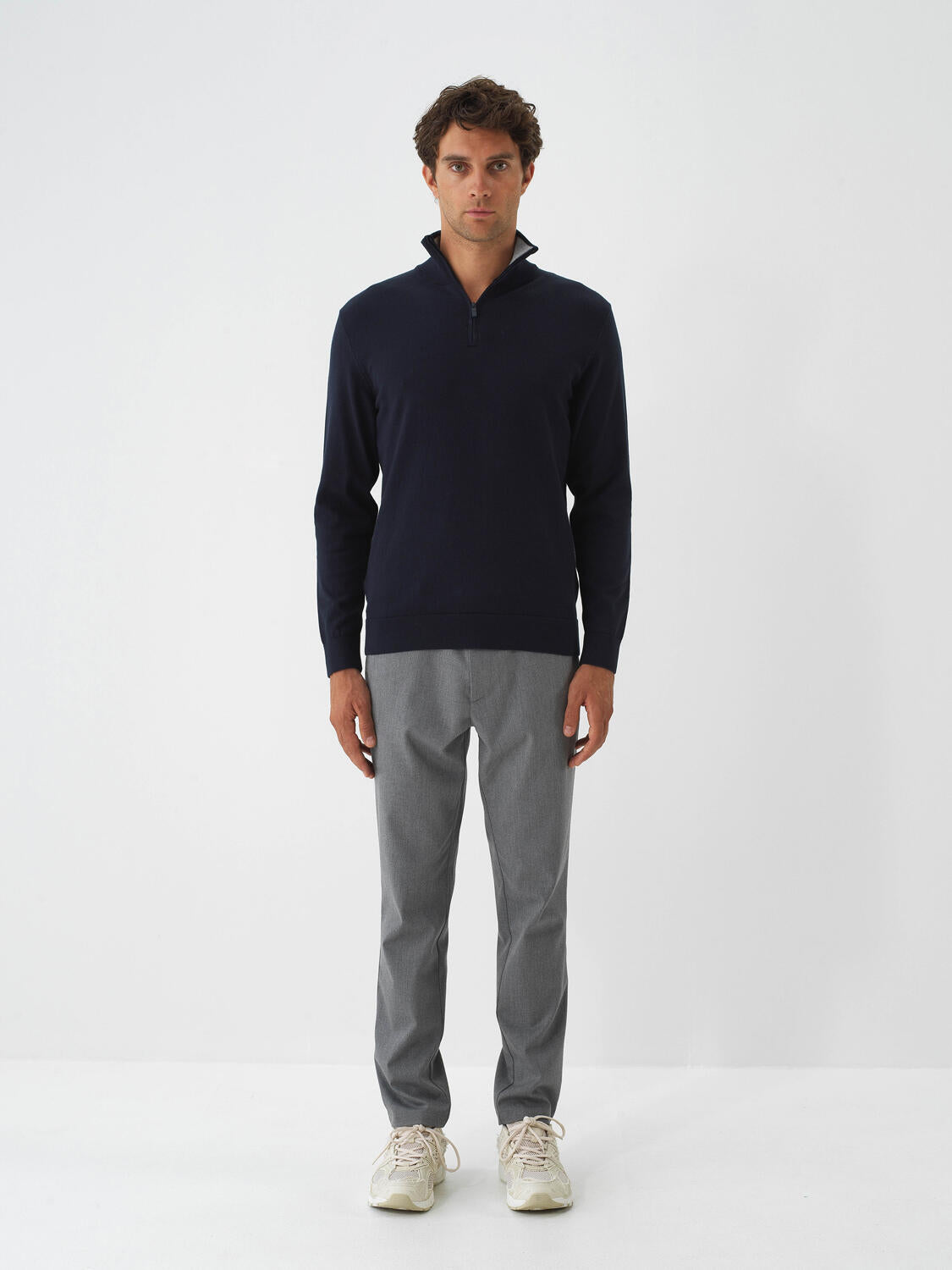 Xint Navy Cotton Textured Regular Fit Sweater
