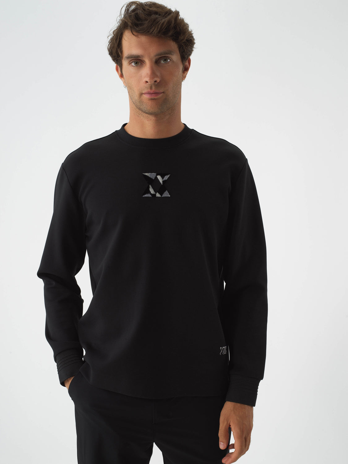 Xint Black Cotton Textured Regular Fit Sweater
