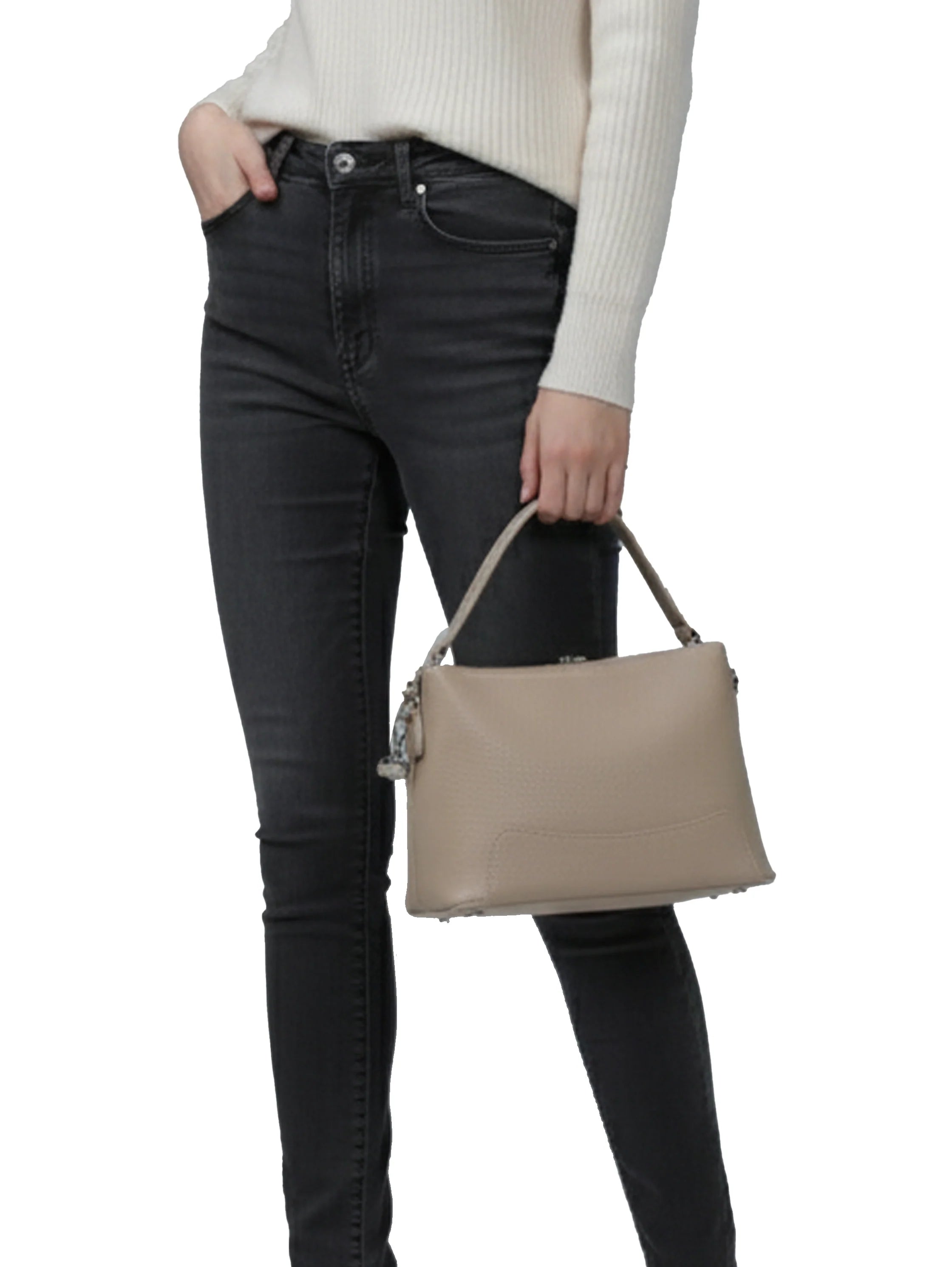 Vertical Top Handle Beige Bag With Square Line