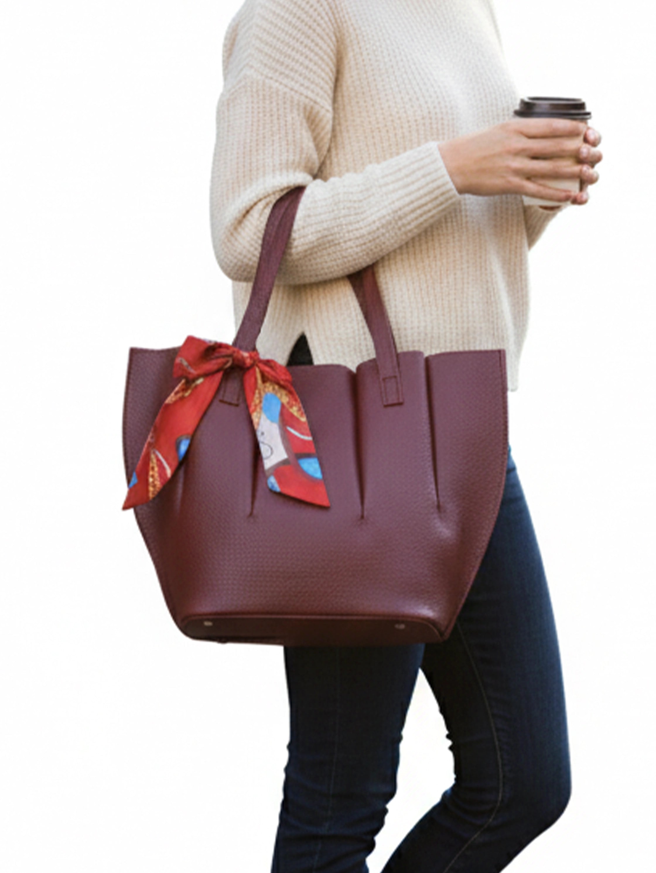Elegant Bordo Leather Handbag With Printed Tiny Scarf