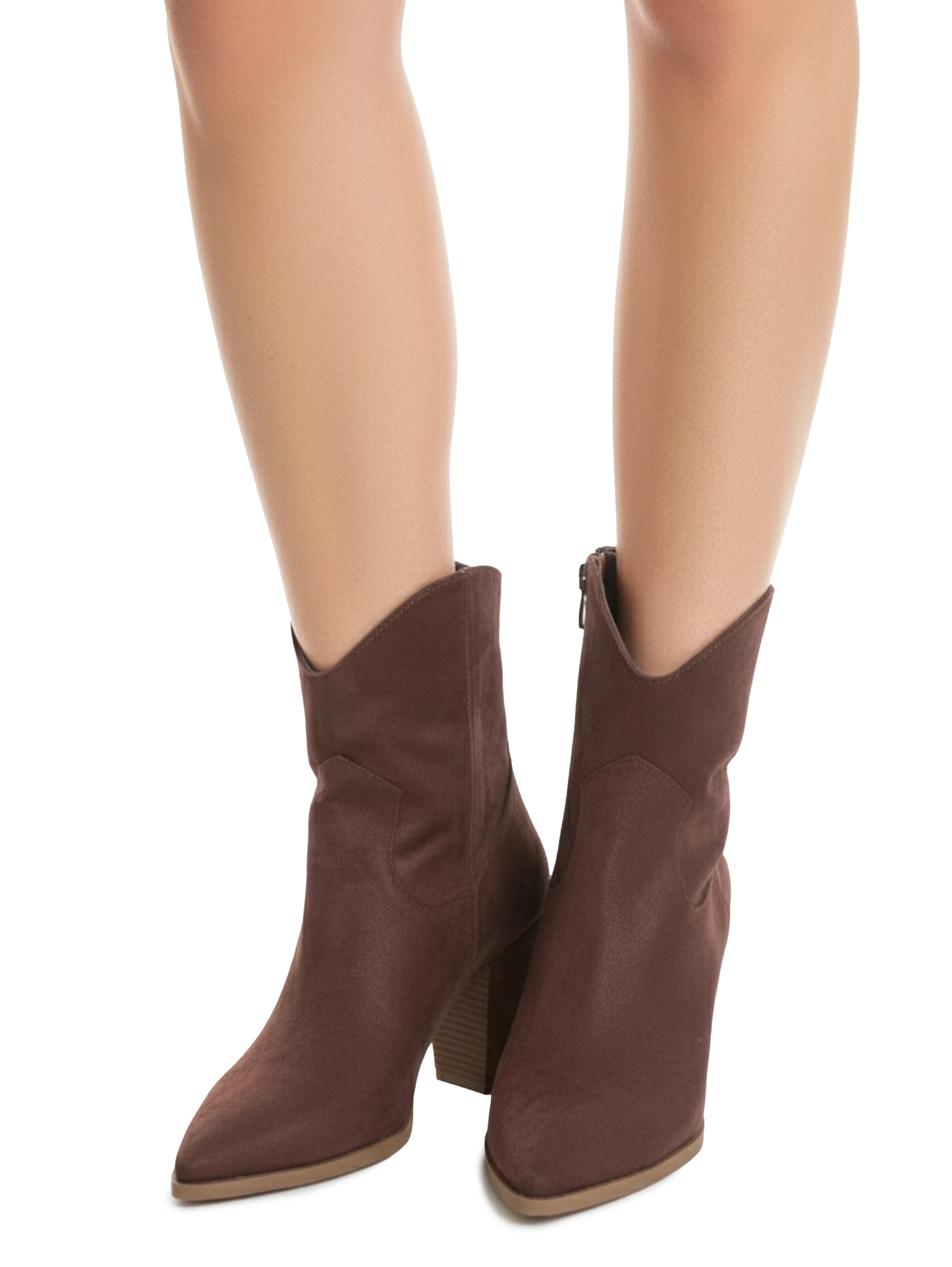 Brown Velvet Ankle Boot with A Mid High Block Heel