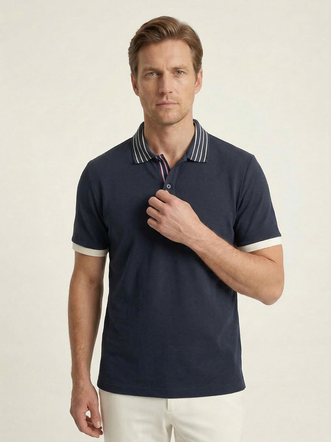 Xint Navy Cotton Textured Regular Fit Polo