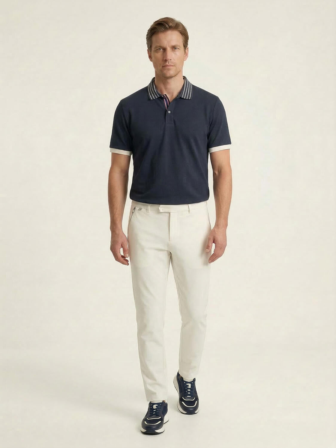 Xint Navy Cotton Textured Regular Fit Polo