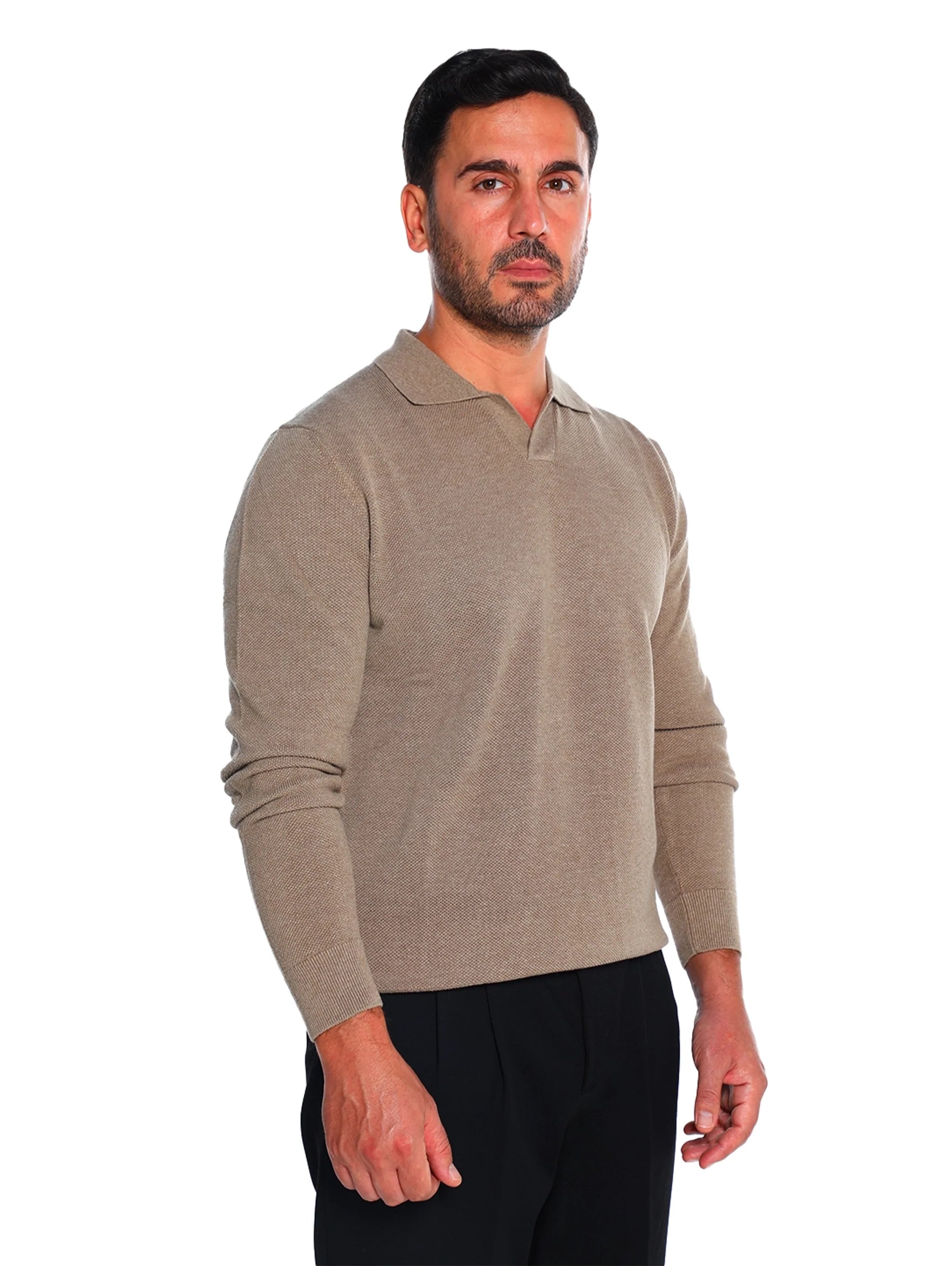 Simple Light Beige Pullover With Polo Collar
