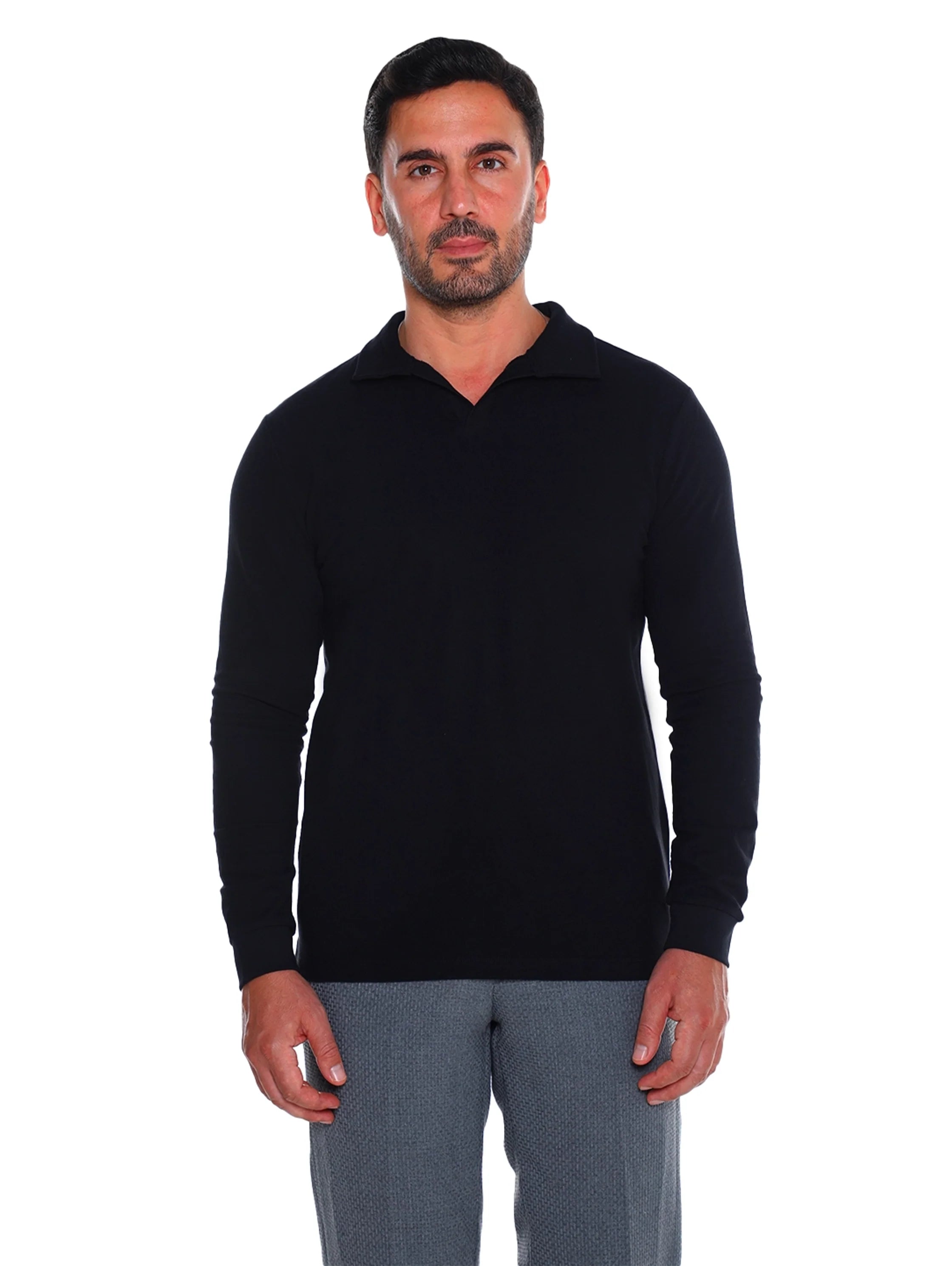 Black Casual Pullover With Polo Collar