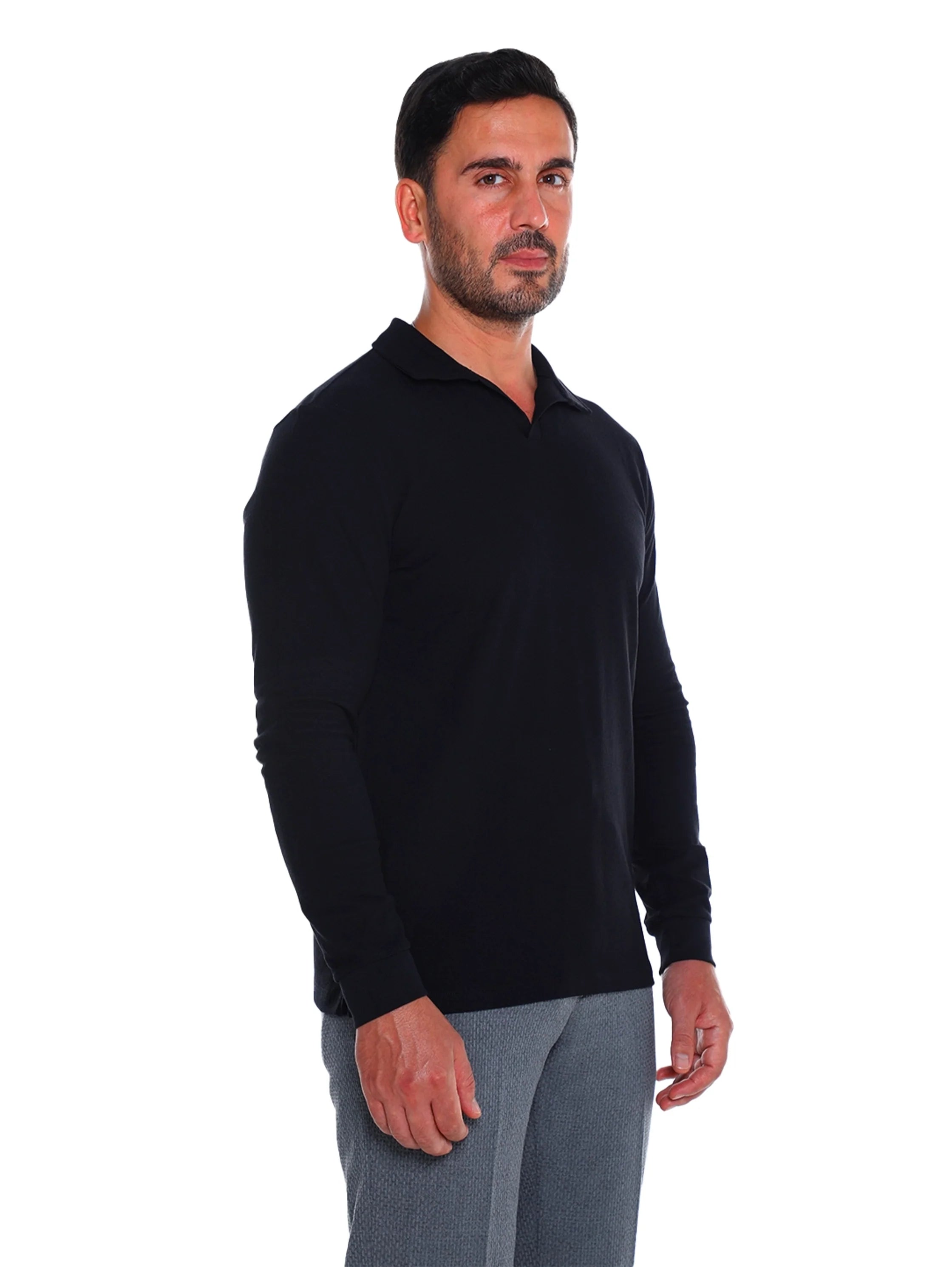 Black Casual Pullover With Polo Collar