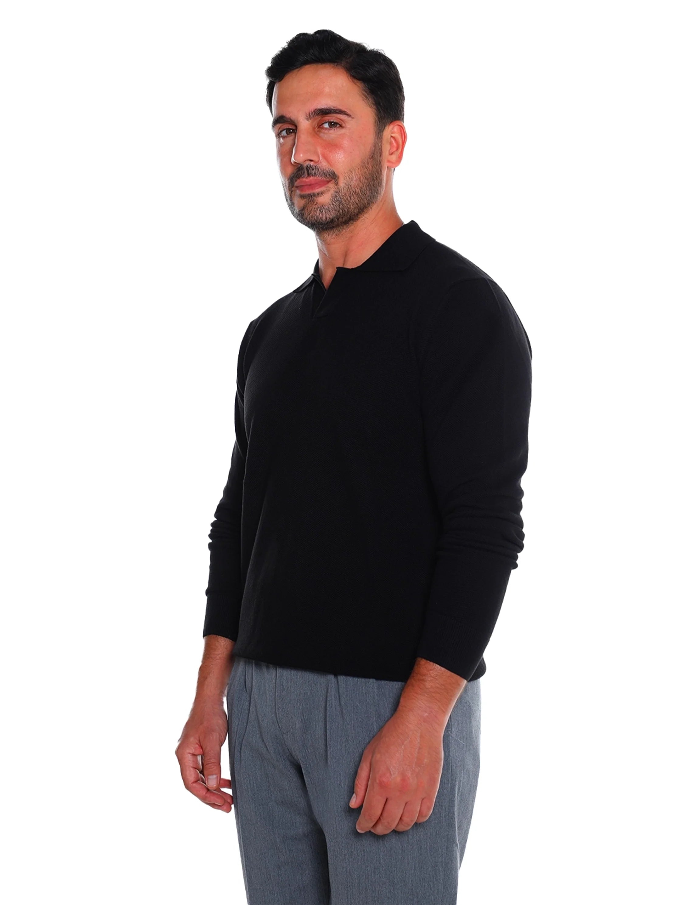 Simple Black Pullover With Polo Collar
