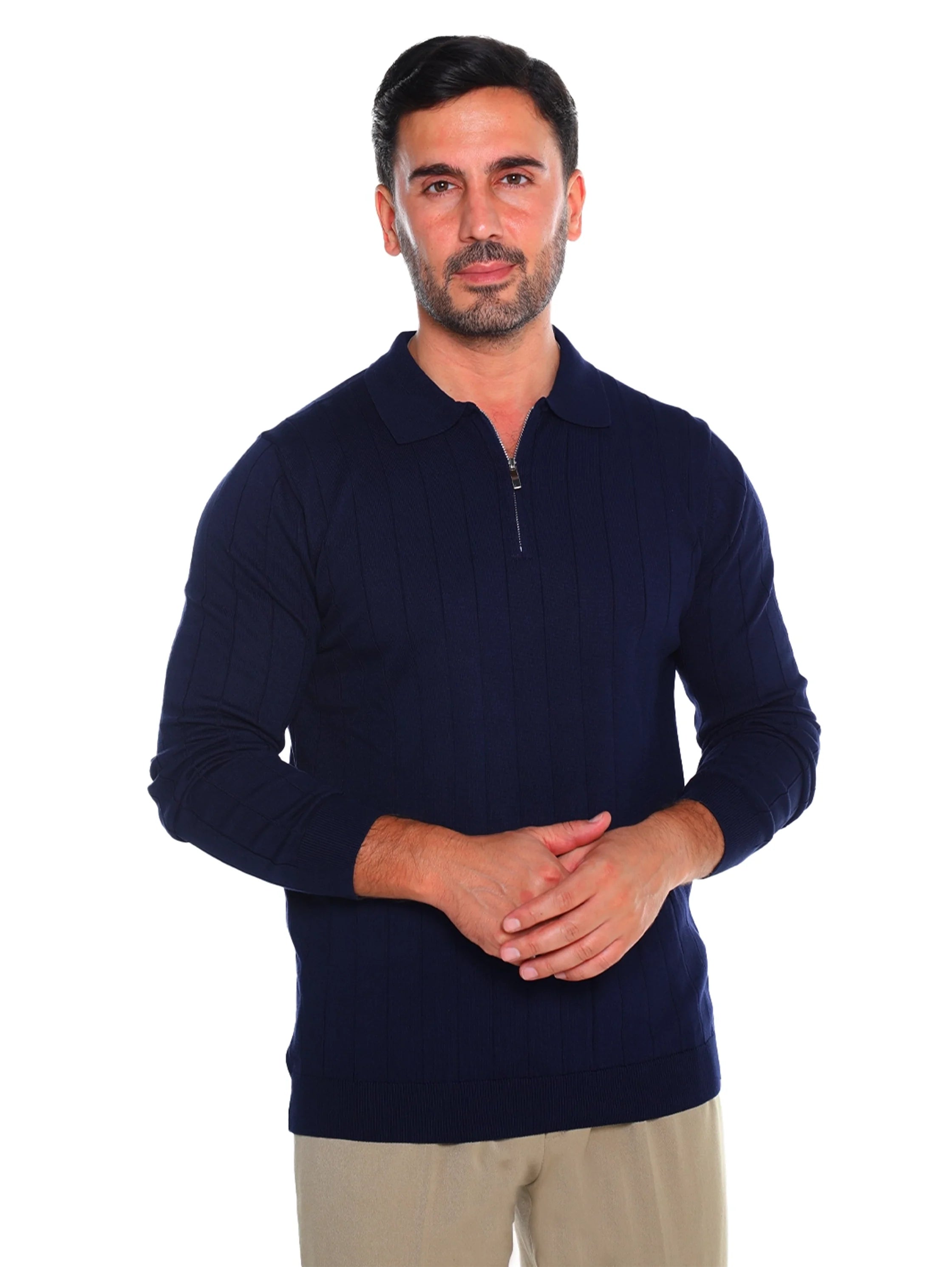 Long Sleeved Navy Pullover With Small Zipper To Close