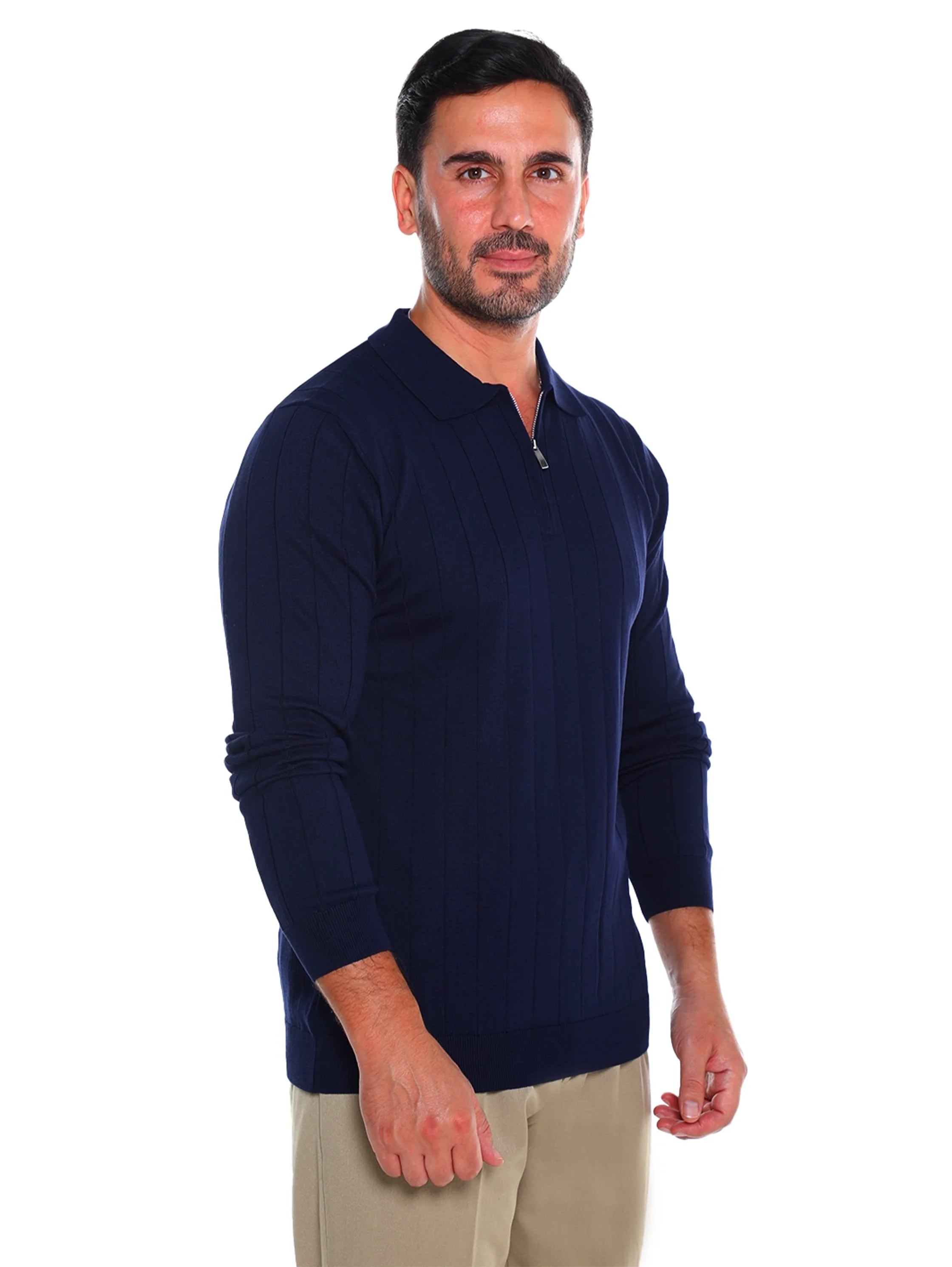 Long Sleeved Navy Pullover With Small Zipper To Close