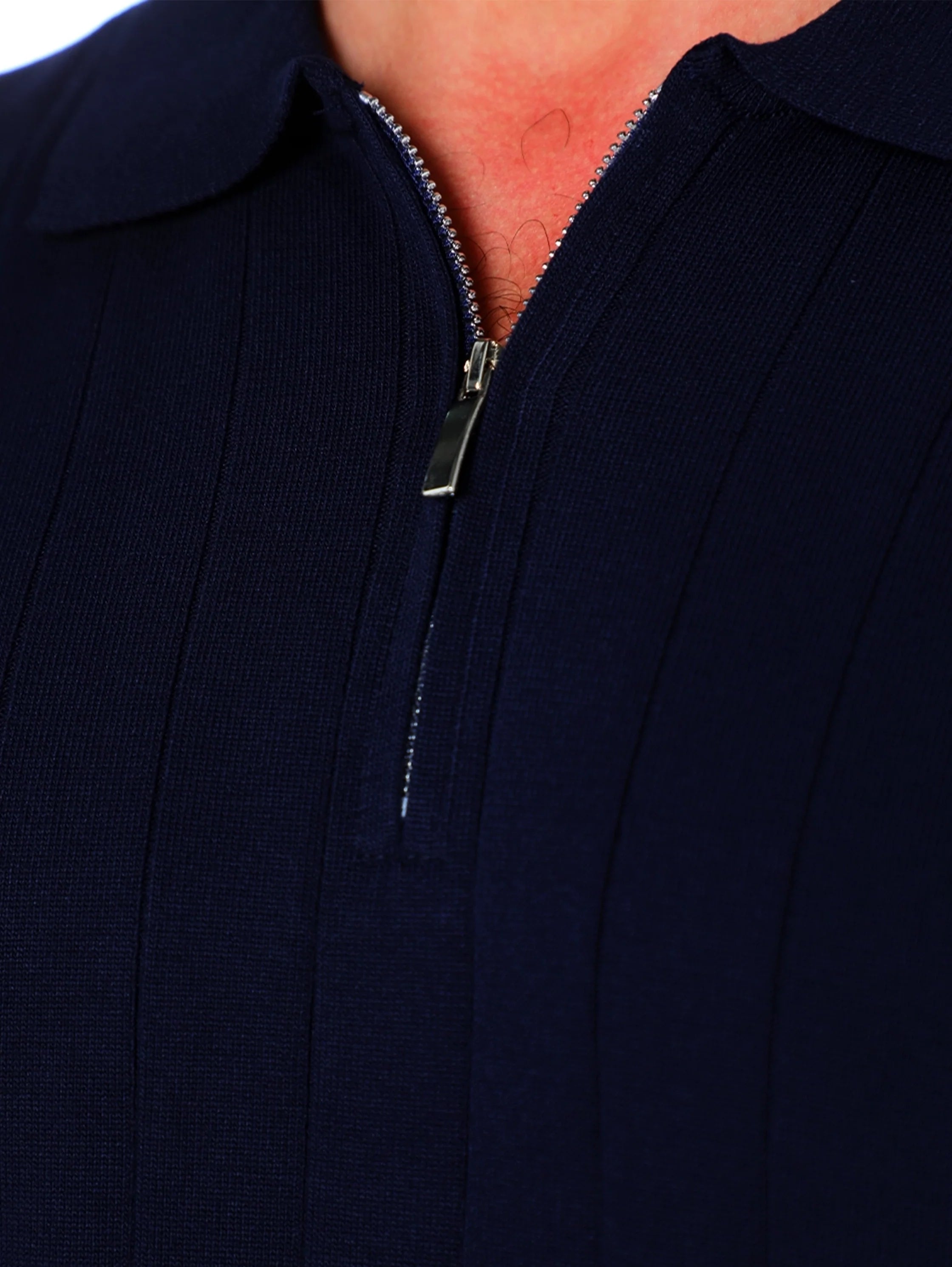 Long Sleeved Navy Pullover With Small Zipper To Close