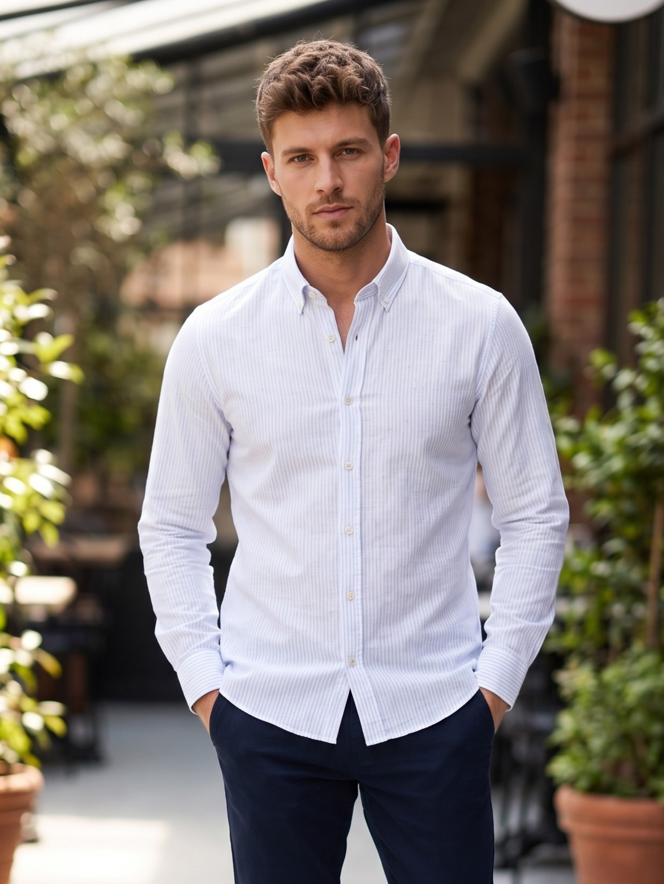Blue Slim Fit Linen Shirt With Striped Design