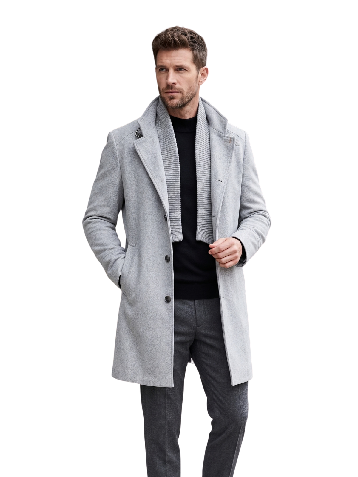 Tailored GREY Stand Collar Overcoat with Neck Strap & Knit Layer