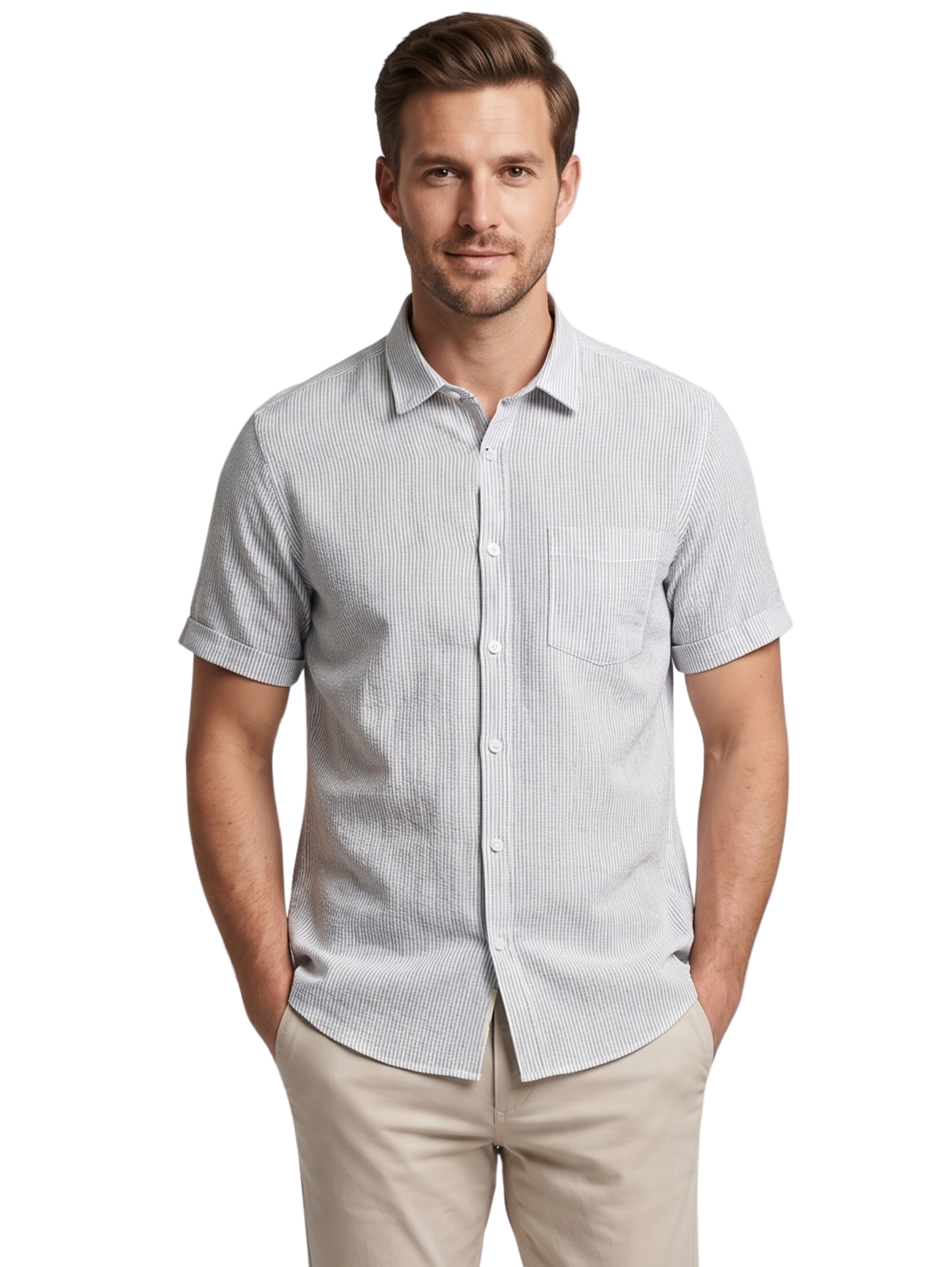 Light Grey Short Sleeved Linen Shirt With Striped Design