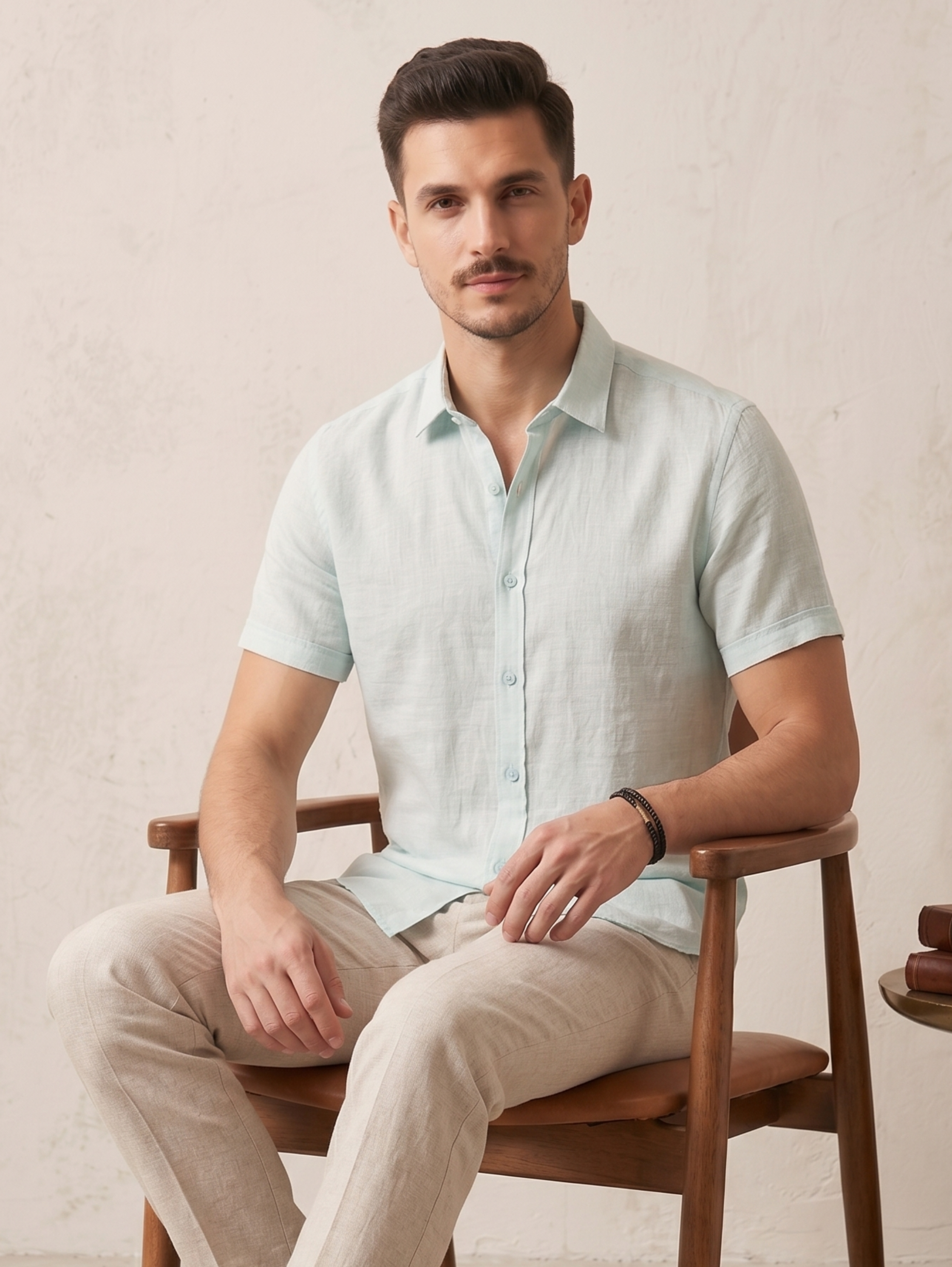 Sea Green Short Sleeved Linen Shirt With Striped Design